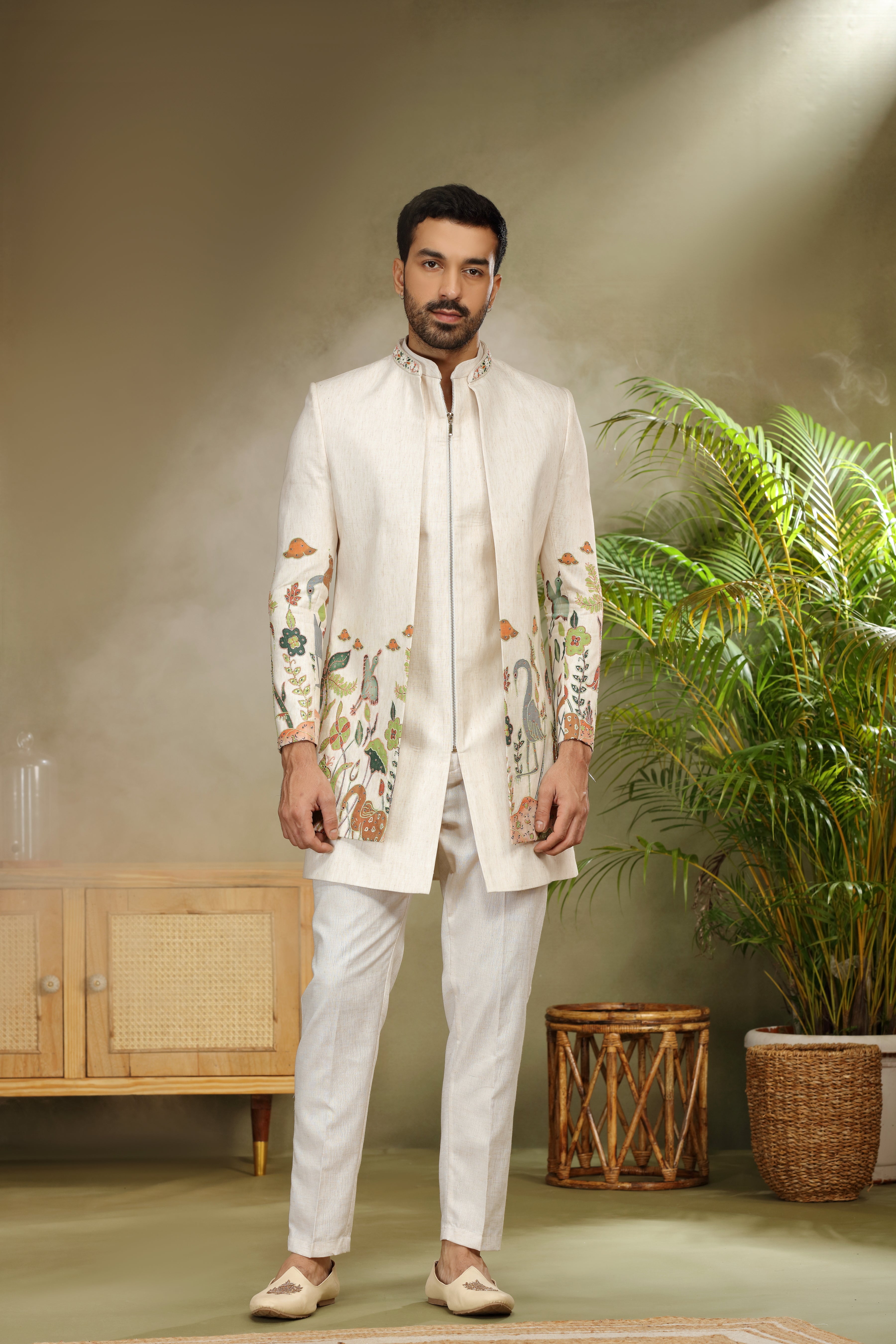 Cream Silk Indo Western with Print, Cutdana and Sequins Work