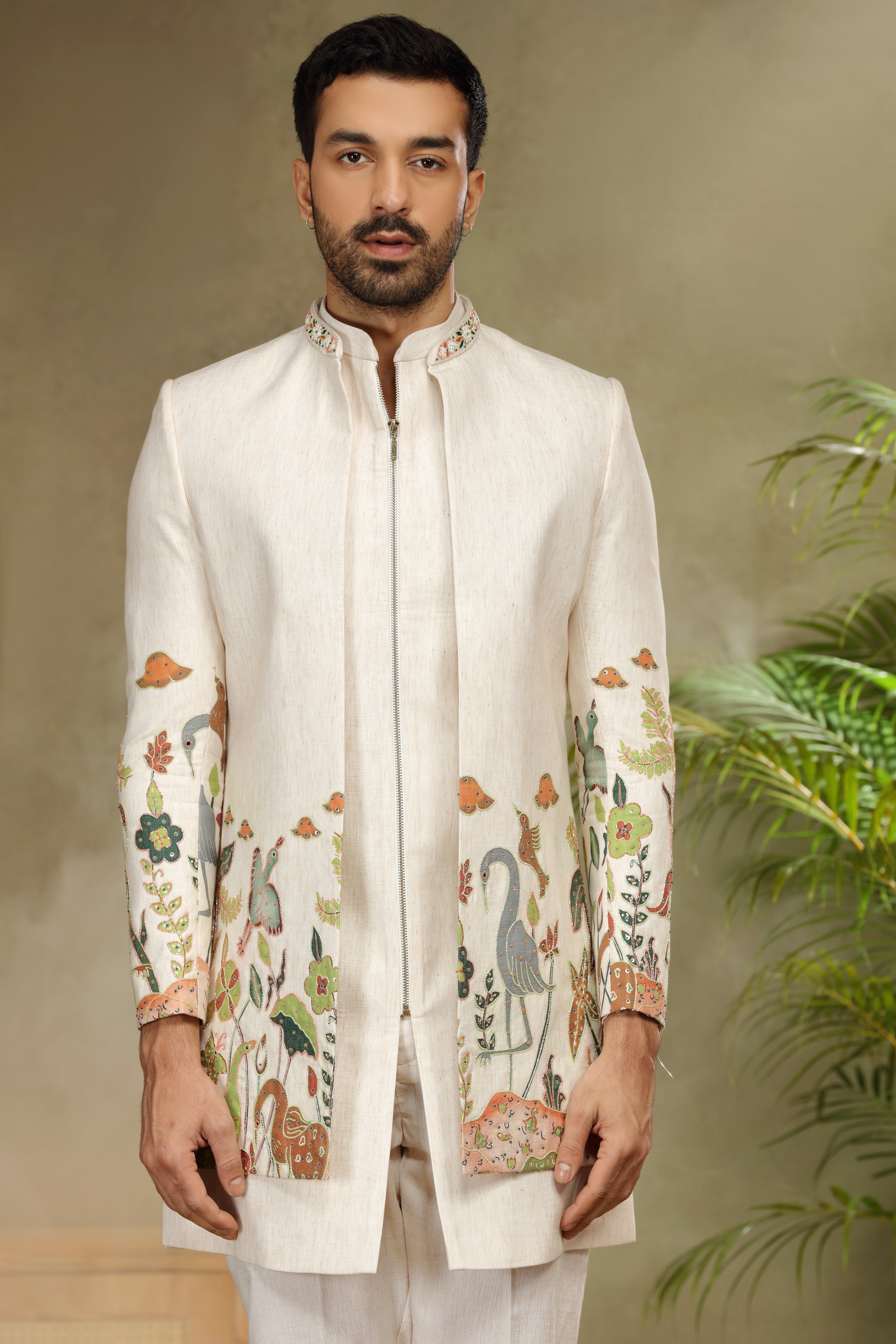 Cream Silk Indo Western with Print, Cutdana and Sequins Work
