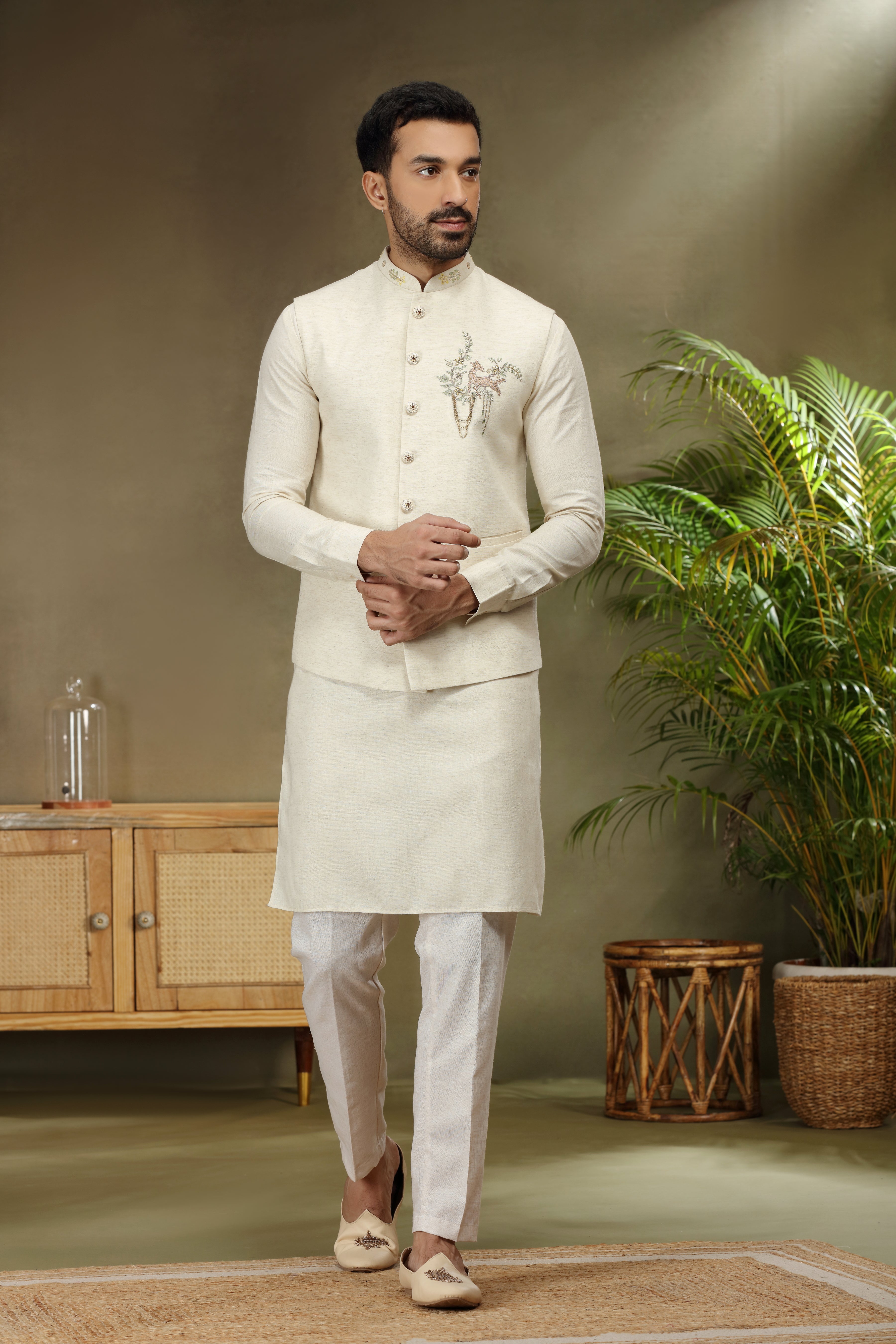 Ivory Silk Koti Kurta with Resham Cutdana Beads Work
