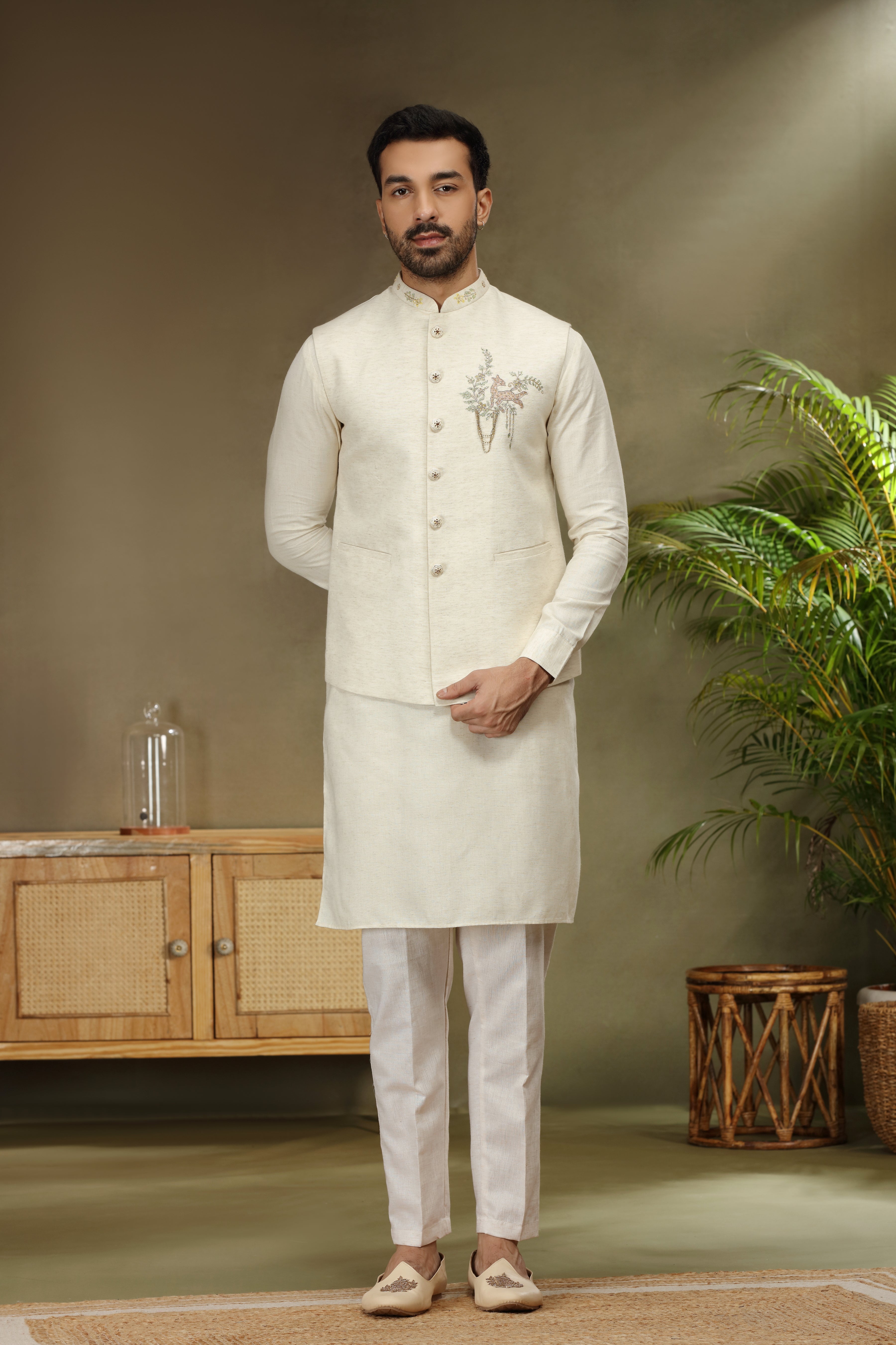 Ivory Silk Koti Kurta with Resham Cutdana Beads Work