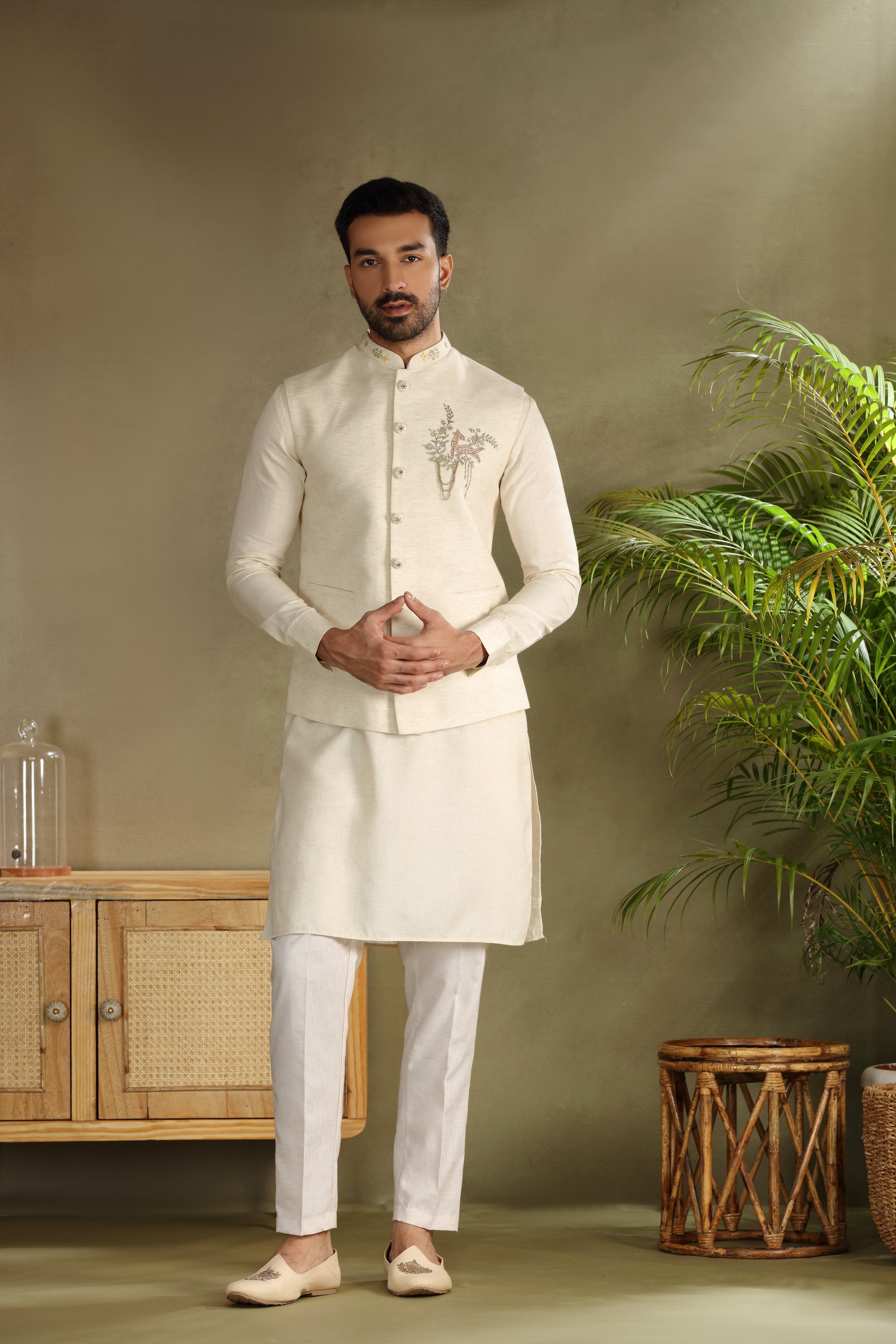 Ivory Silk Koti Kurta with Resham Cutdana Beads Work