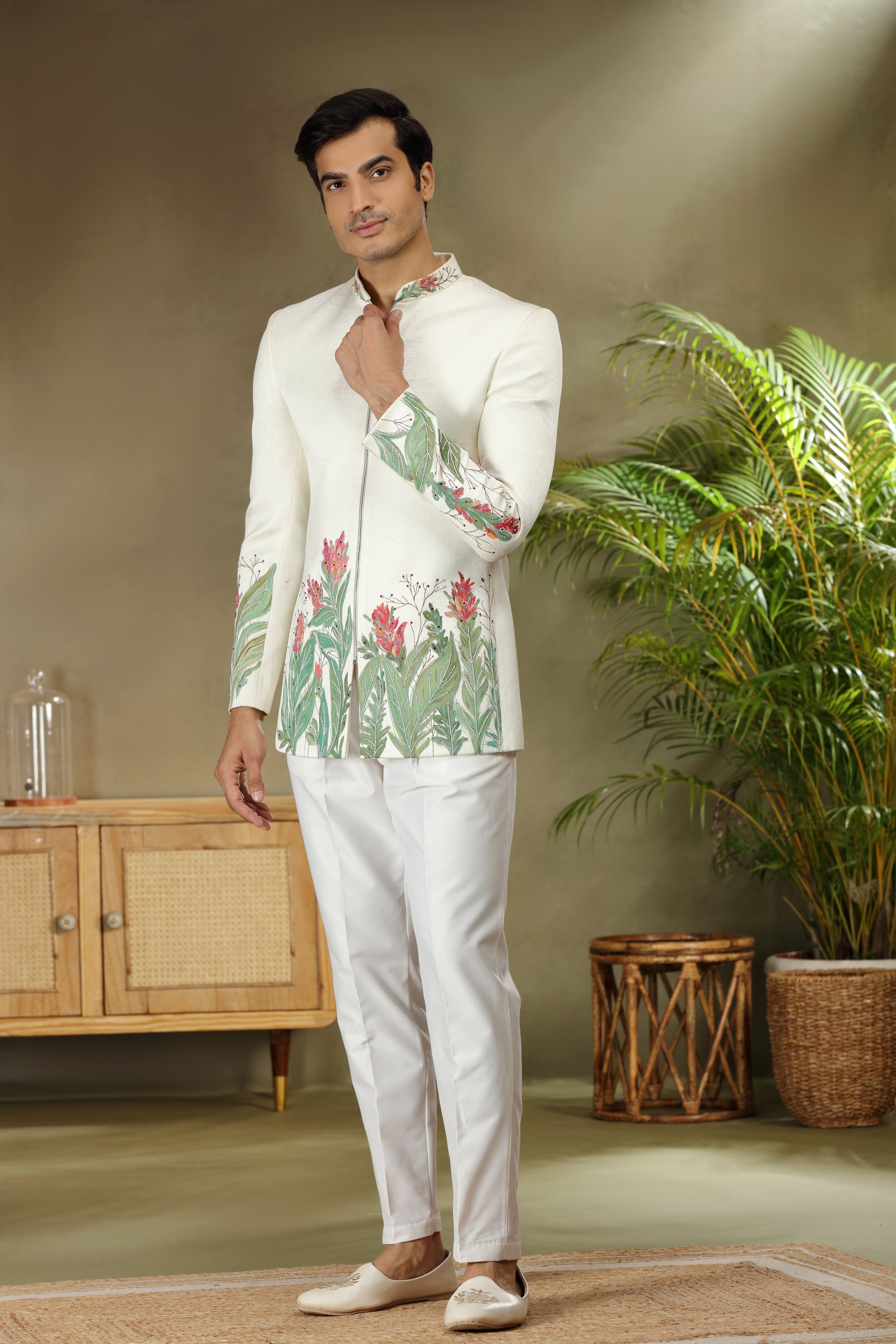 Off White Silk Jodhpuri Set with Paint Pearl Cutdana