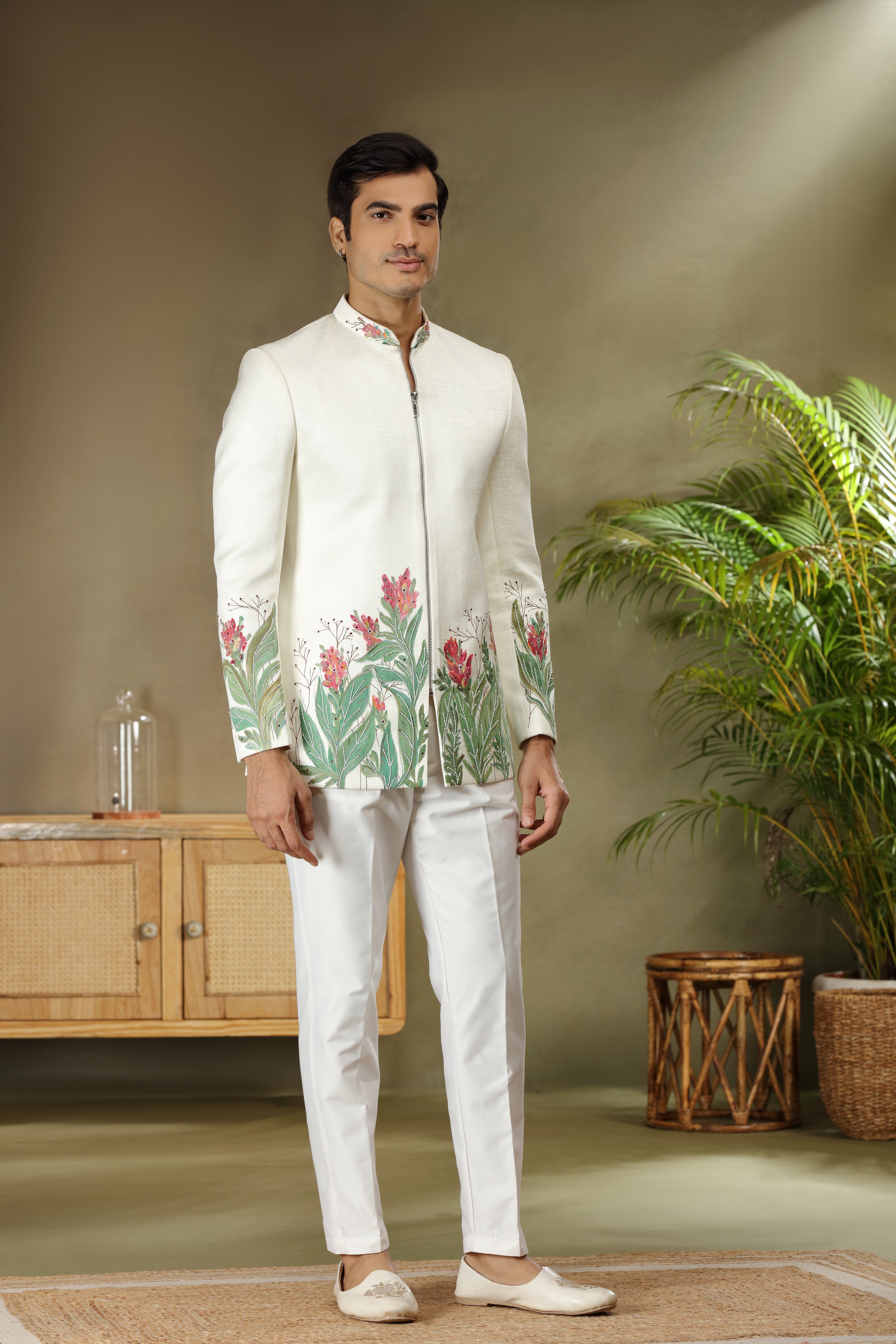 Off White Silk Jodhpuri Set with Paint Pearl Cutdana