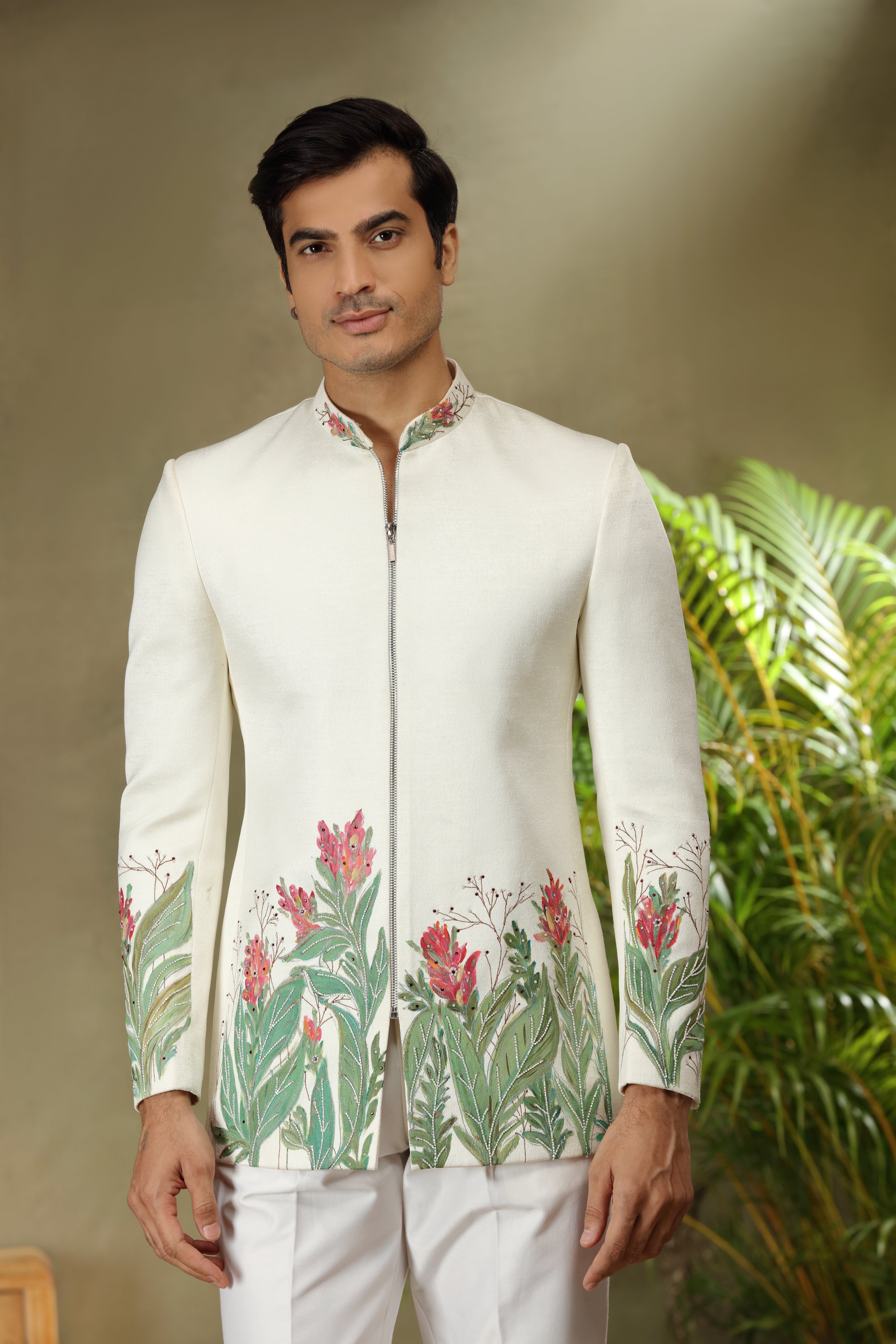 Off White Silk Jodhpuri Set with Paint Pearl Cutdana