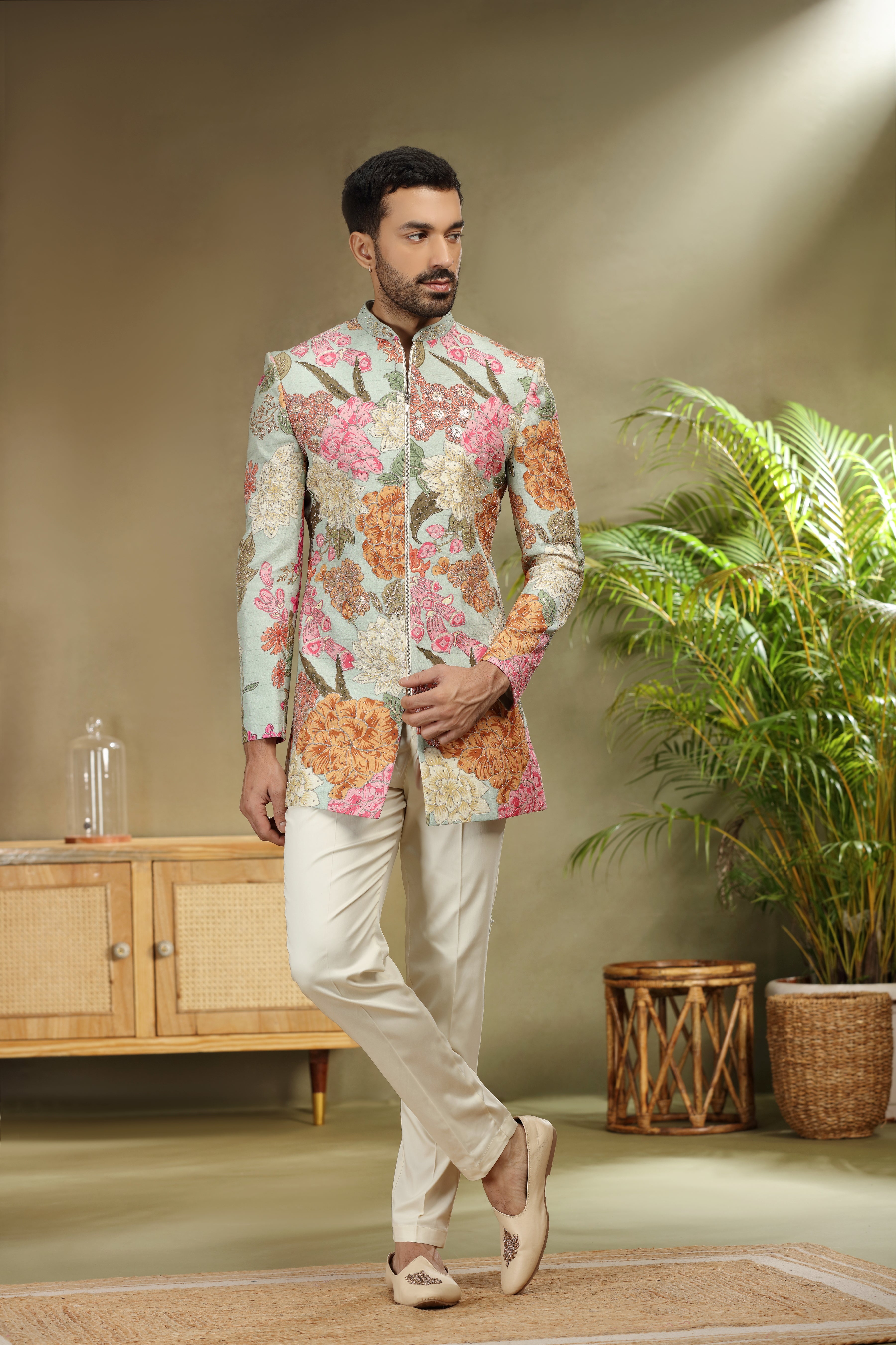 Sea Green Silk Jodhpuri Set with Print Dori Sequin Work