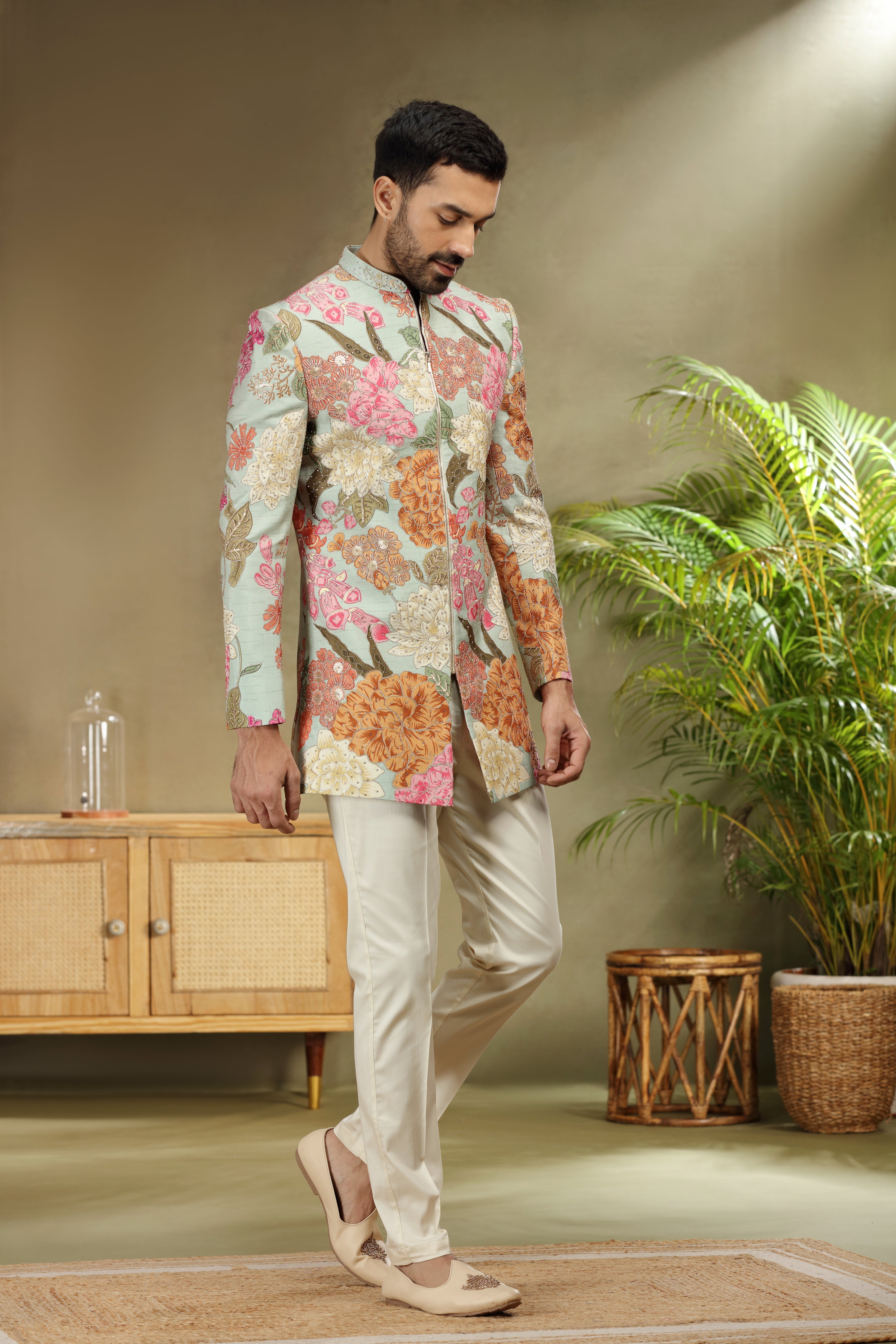 Sea Green Silk Jodhpuri Set with Print Dori Sequin Work