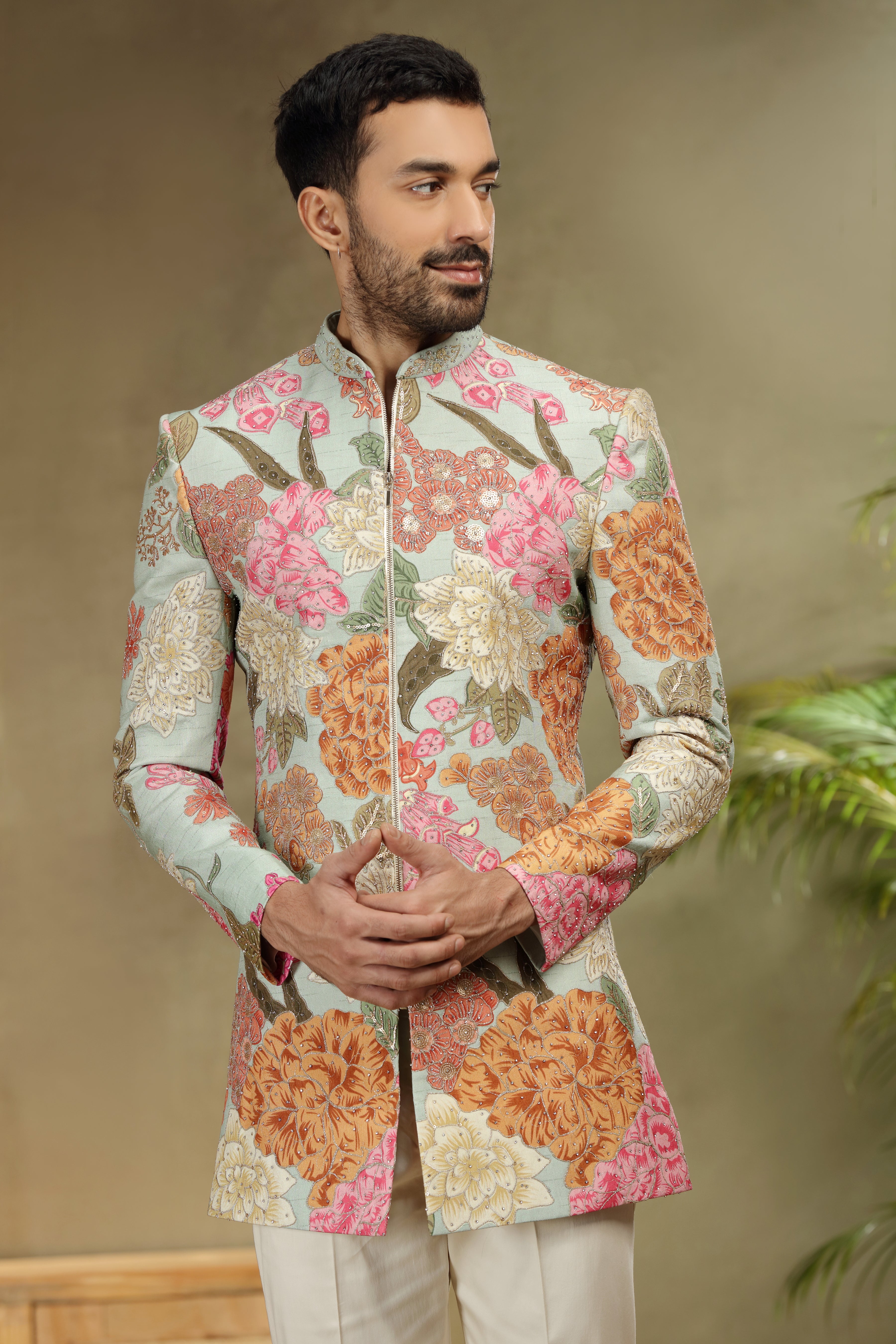 Sea Green Silk Jodhpuri Set with Print Dori Sequin Work