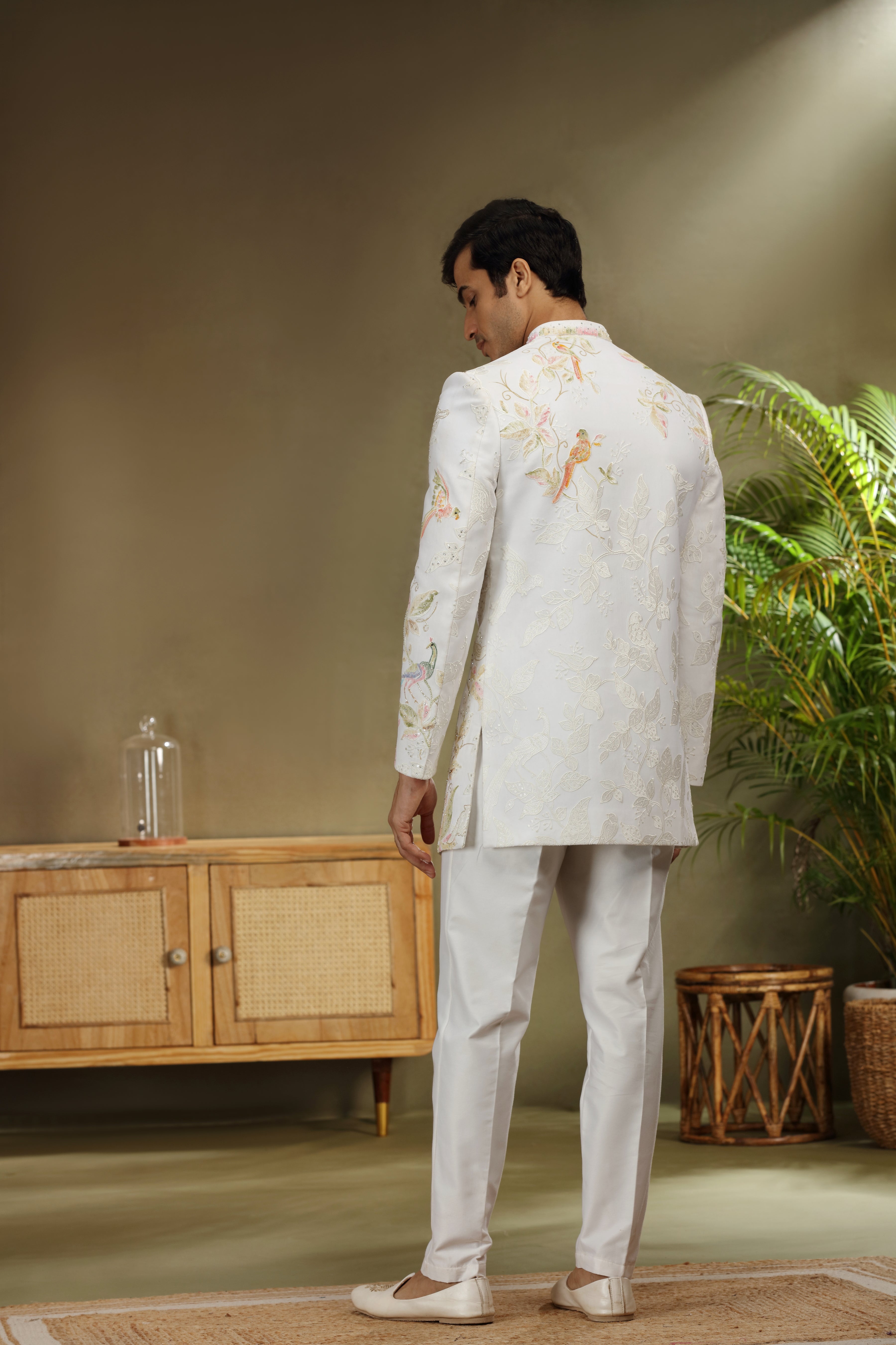 Off White Silk Indo Western Set with Resham Sequin Work