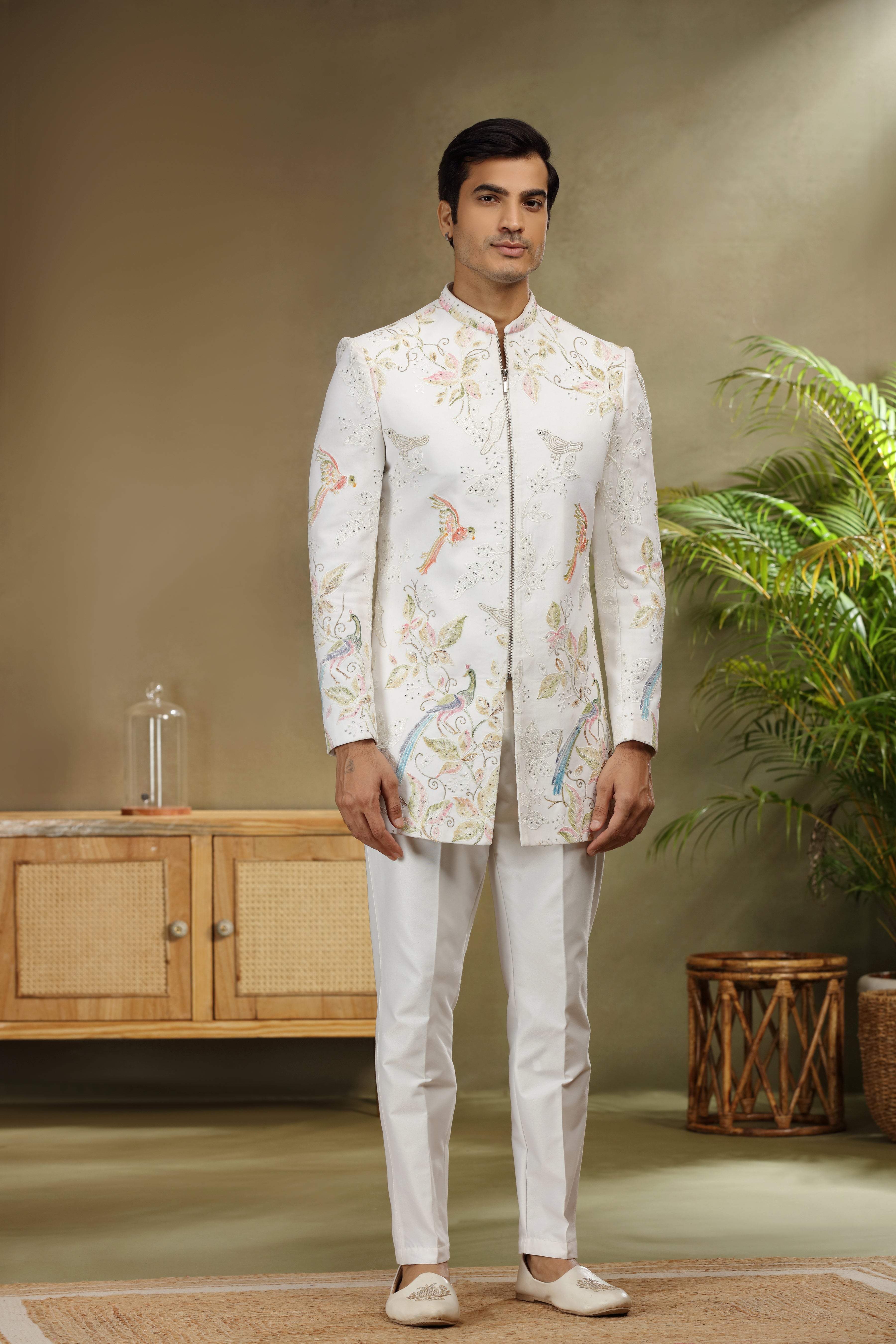 Off White Silk Indo Western Set with Resham Sequin Work