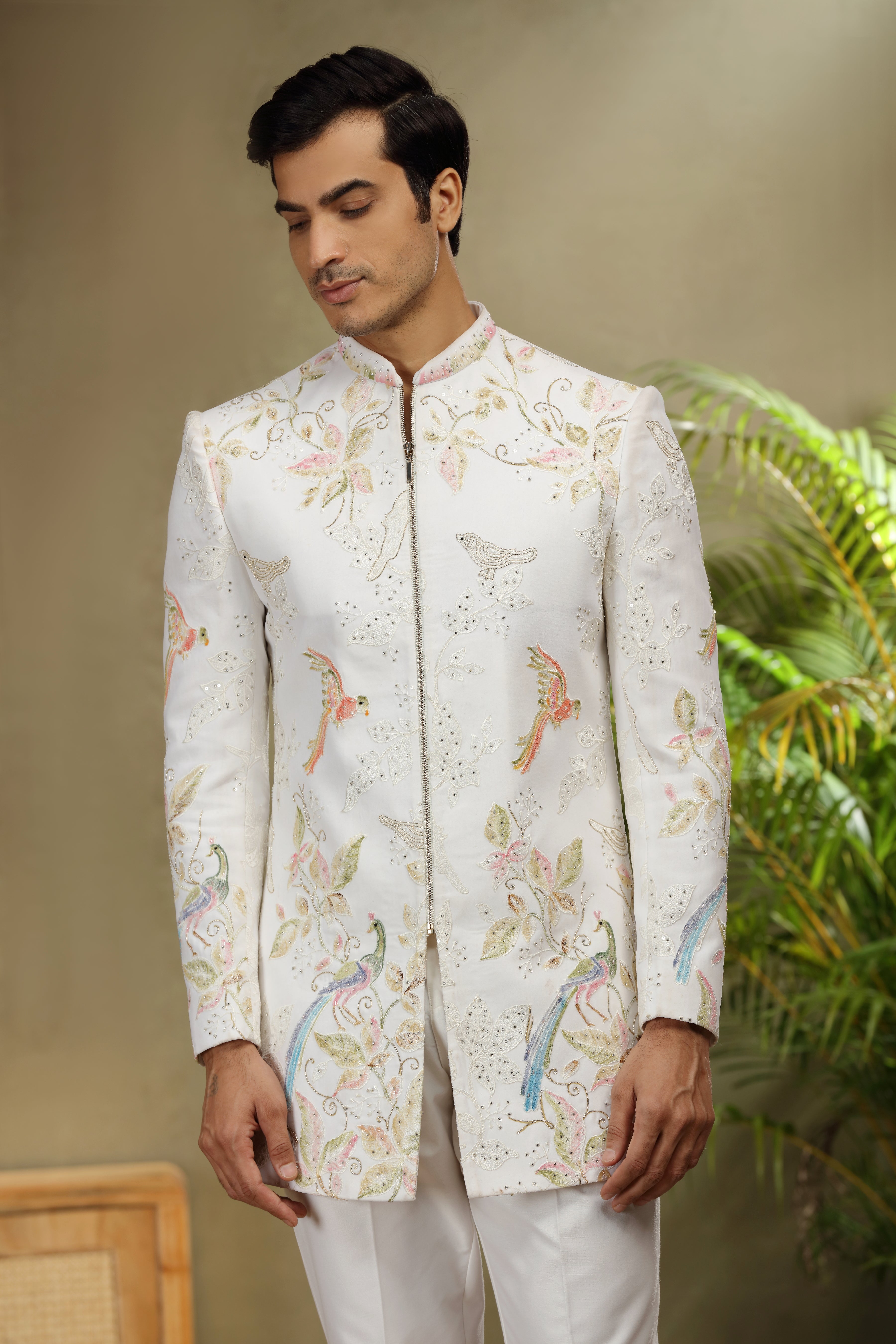 Off White Silk Indo Western Set with Resham Sequin Work