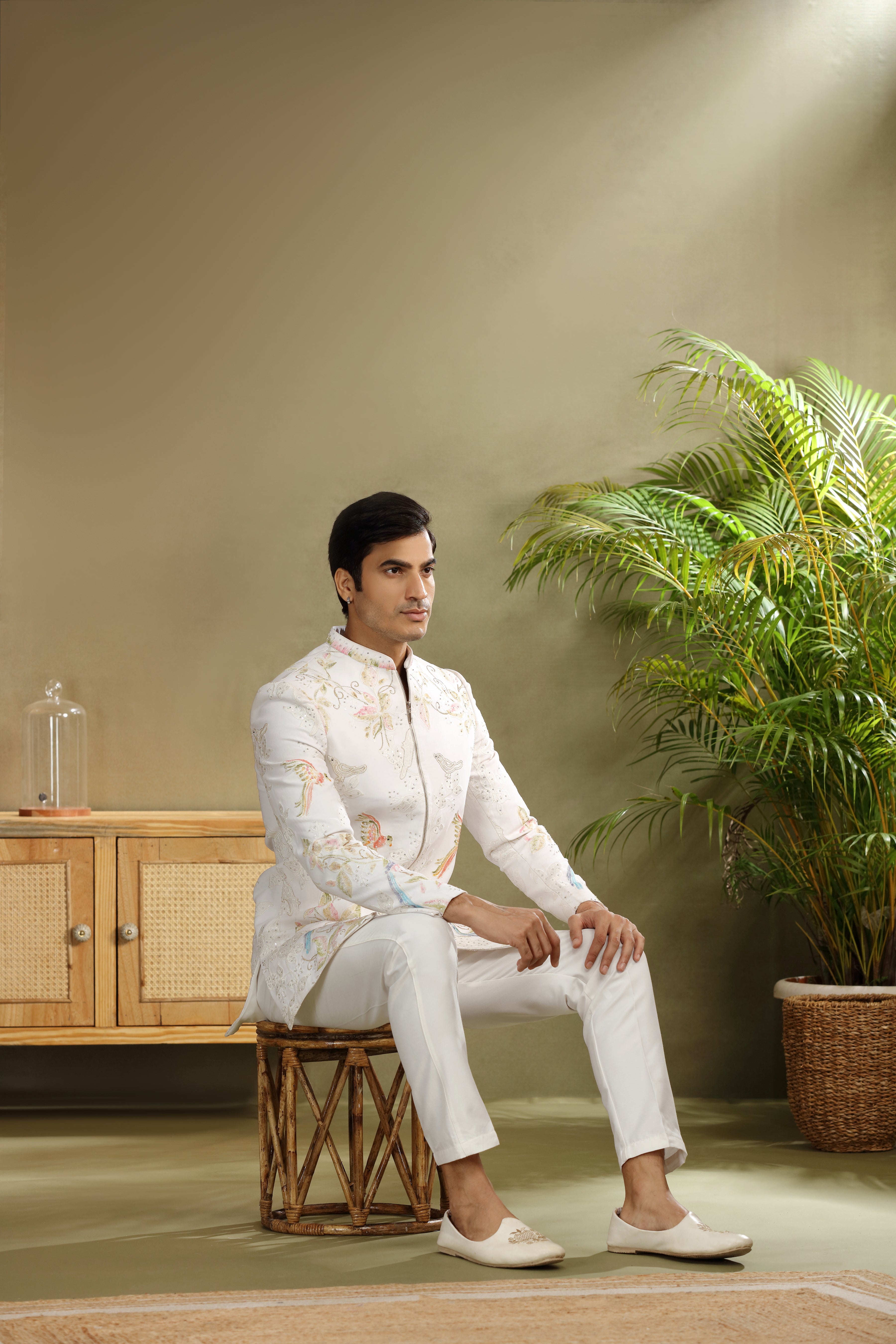 Off White Silk Indo Western Set with Resham Sequin Work