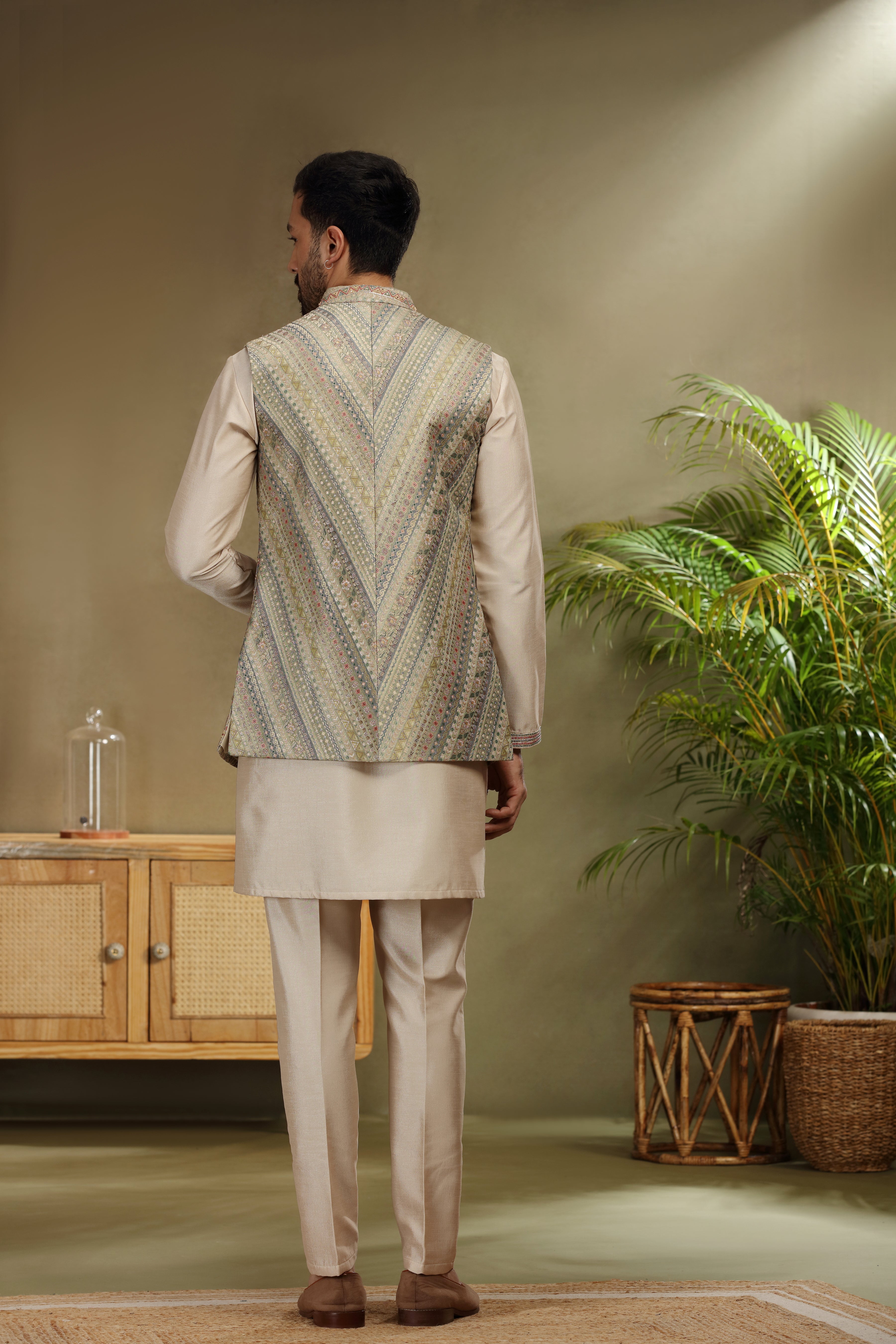 Multicolor Jacket with Mirror Resham Work on Beige Kurta