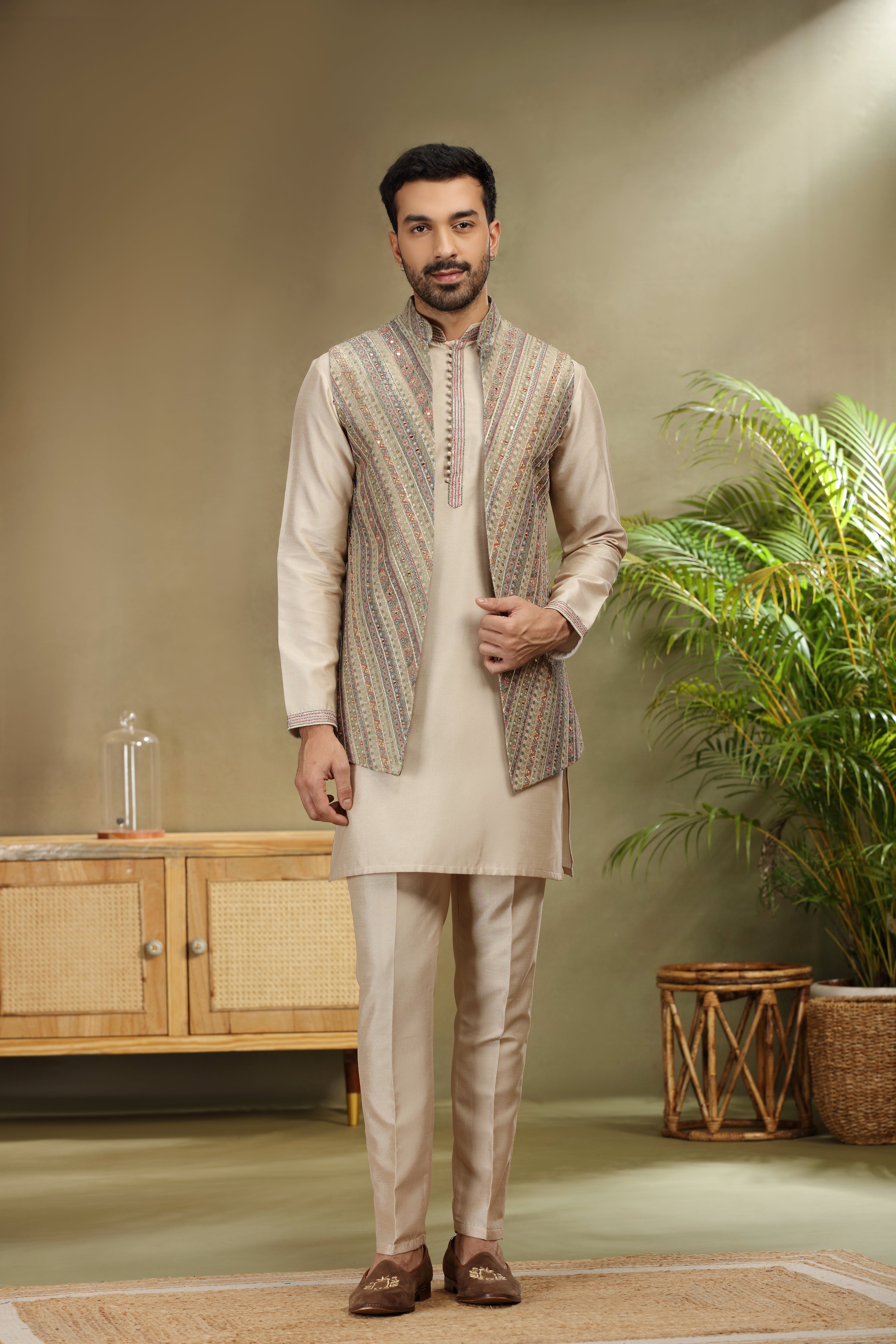 Multicolor Jacket with Mirror Resham Work on Beige Kurta