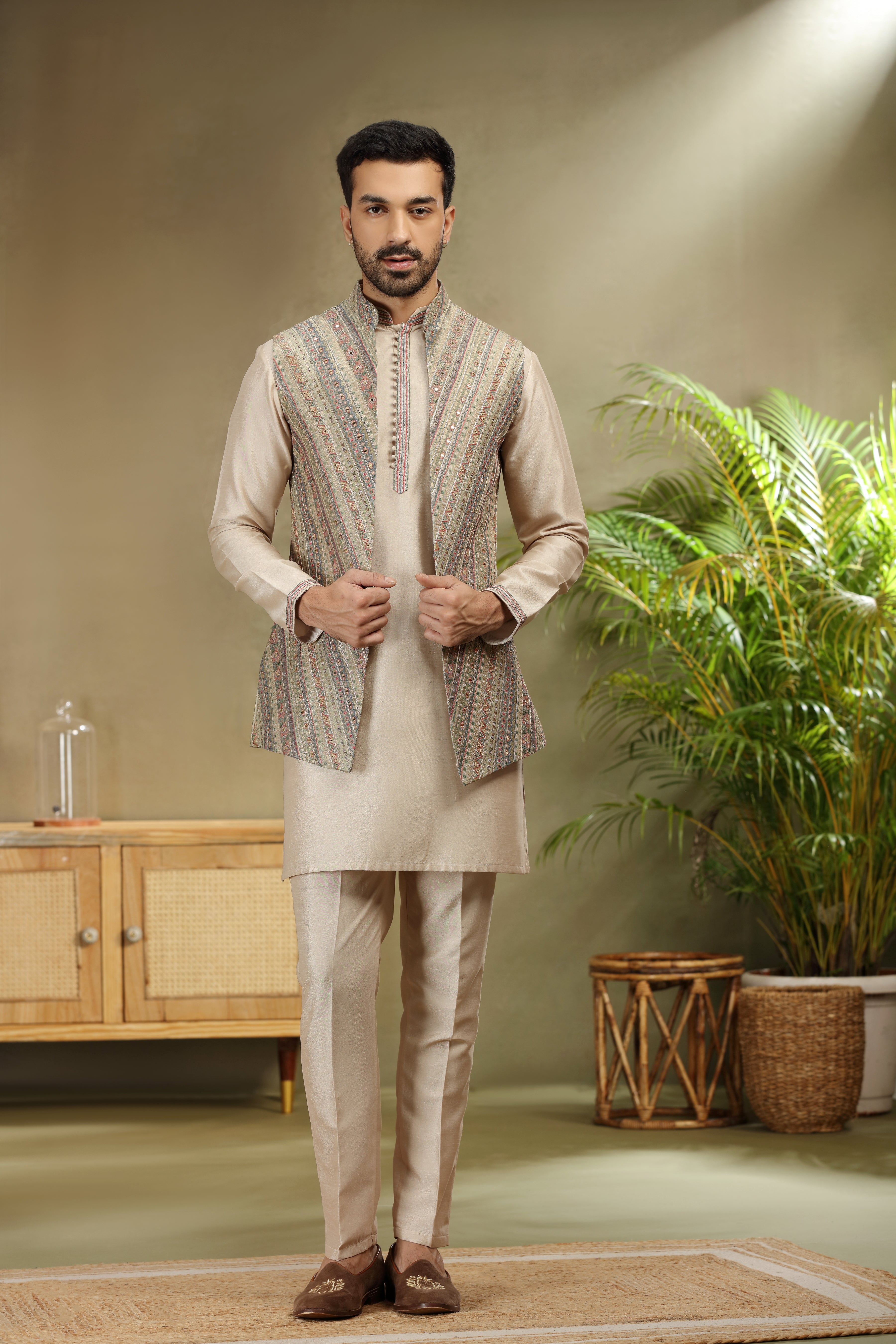 Multicolor Jacket with Mirror Resham Work on Beige Kurta