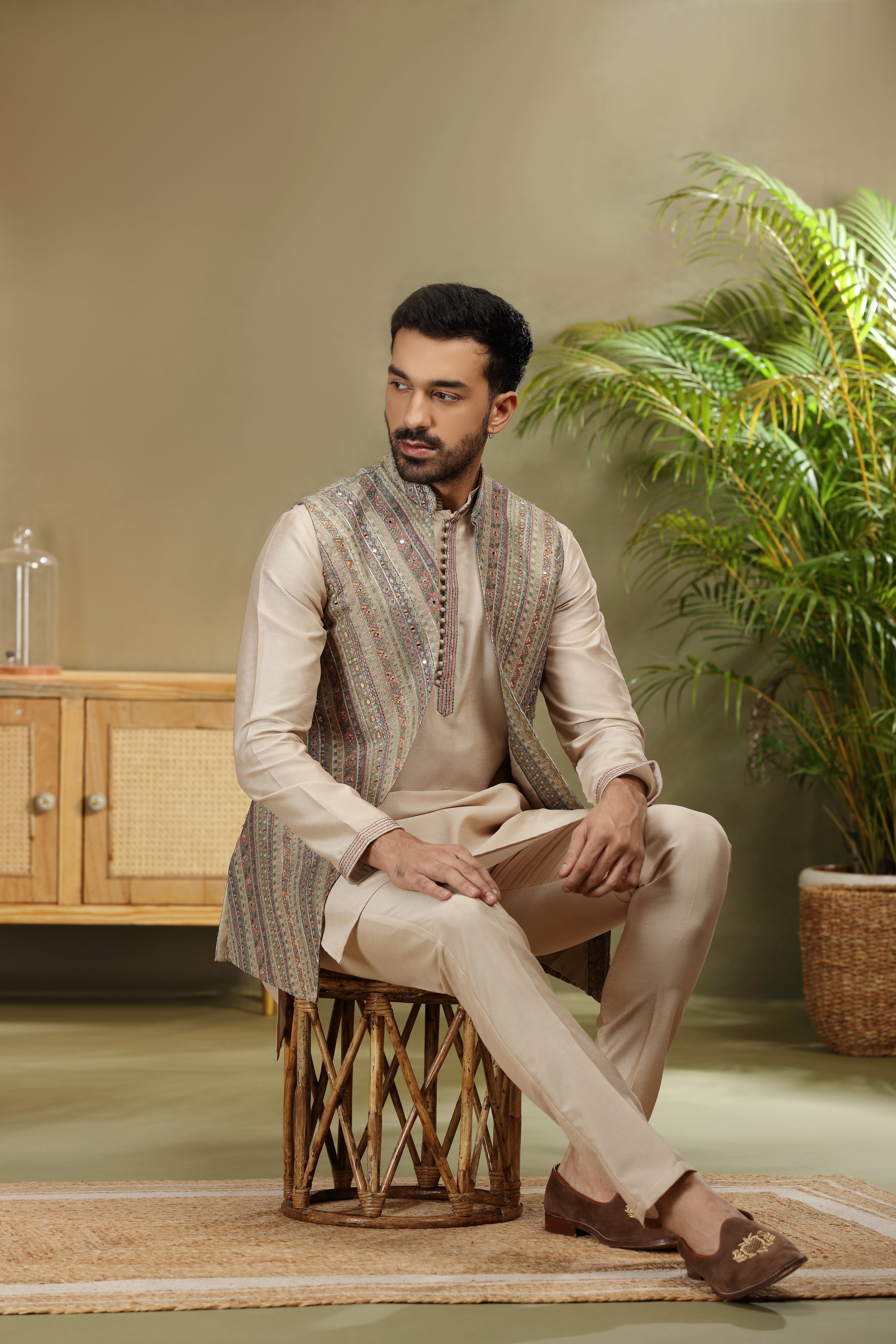 Multicolor Jacket with Mirror Resham Work on Beige Kurta