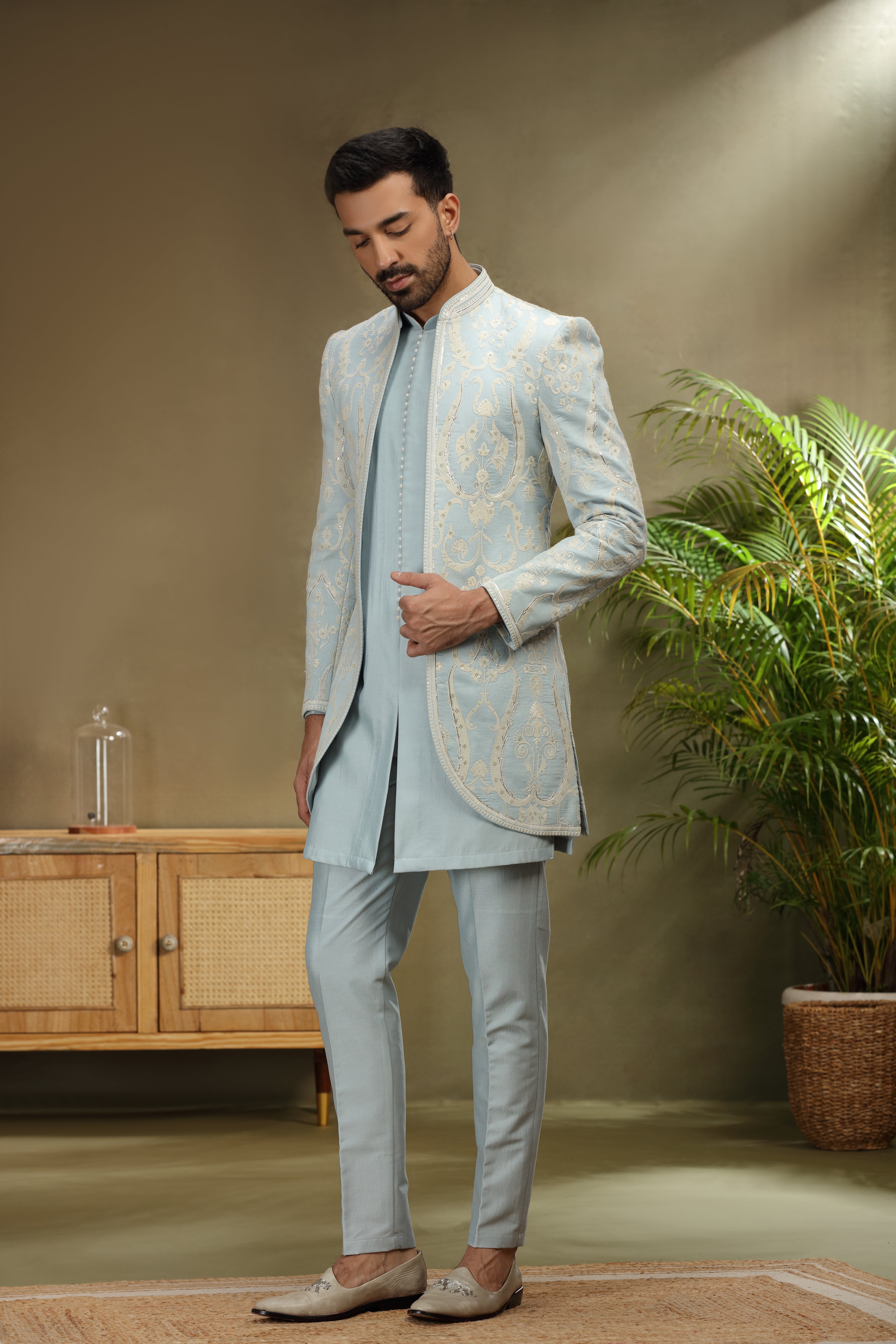 Sky Blue Silk Indo Set with Resham Zardosi Work