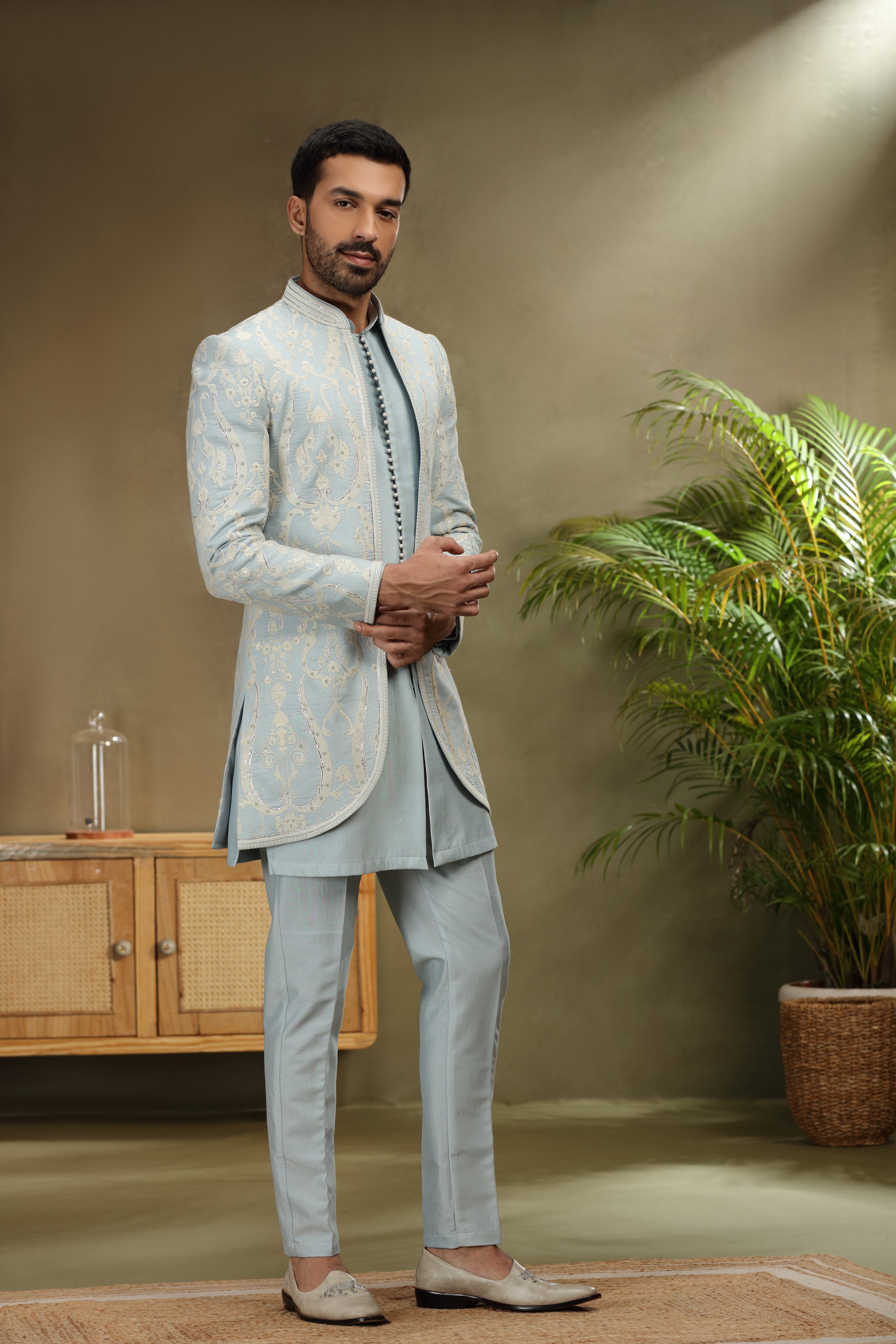 Sky Blue Silk Indo Set with Resham Zardosi Work