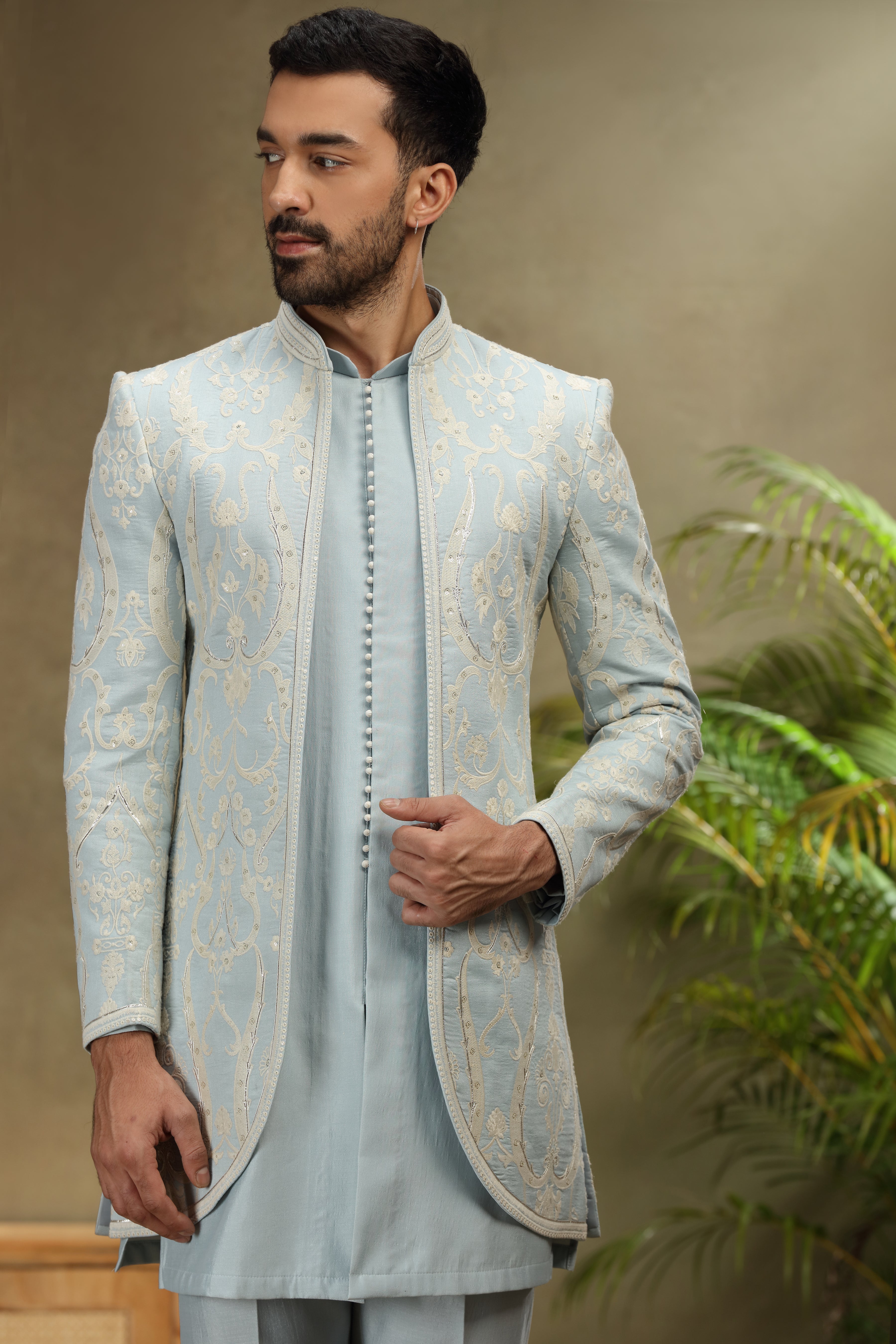 Sky Blue Silk Indo Set with Resham Zardosi Work