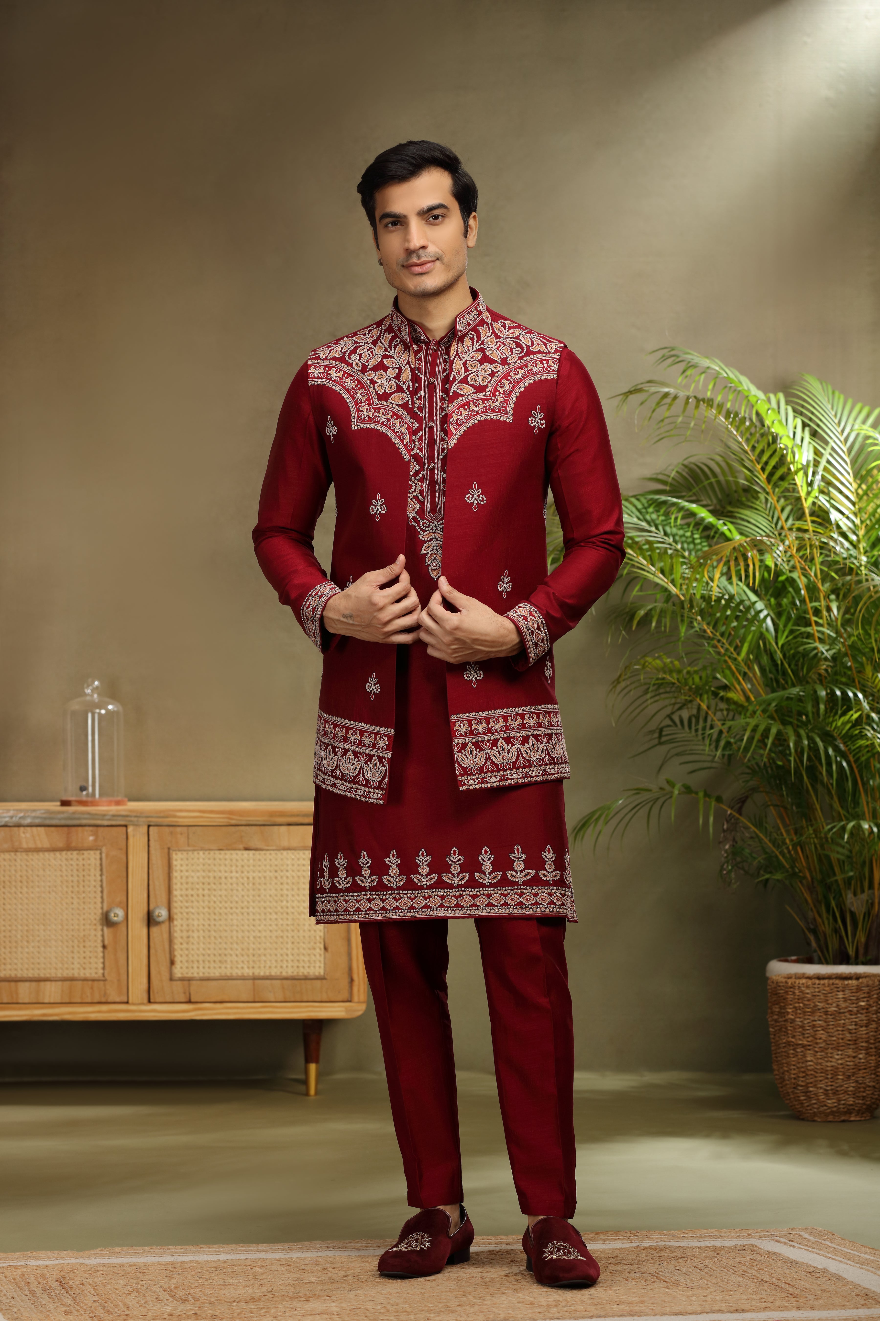 Maroon Silk Koti Kurta Set with Resham Work
