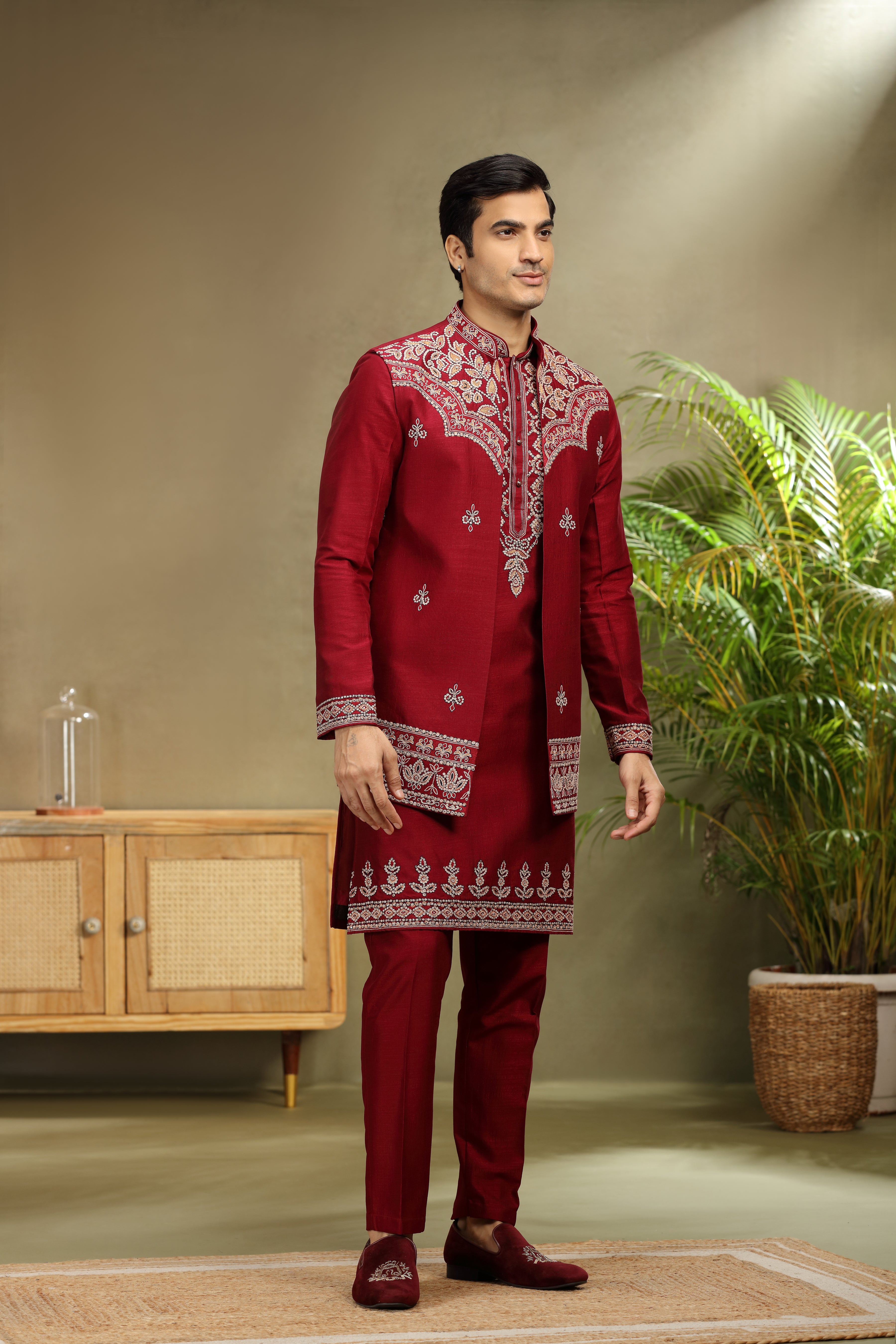 Maroon Silk Koti Kurta Set with Resham Work