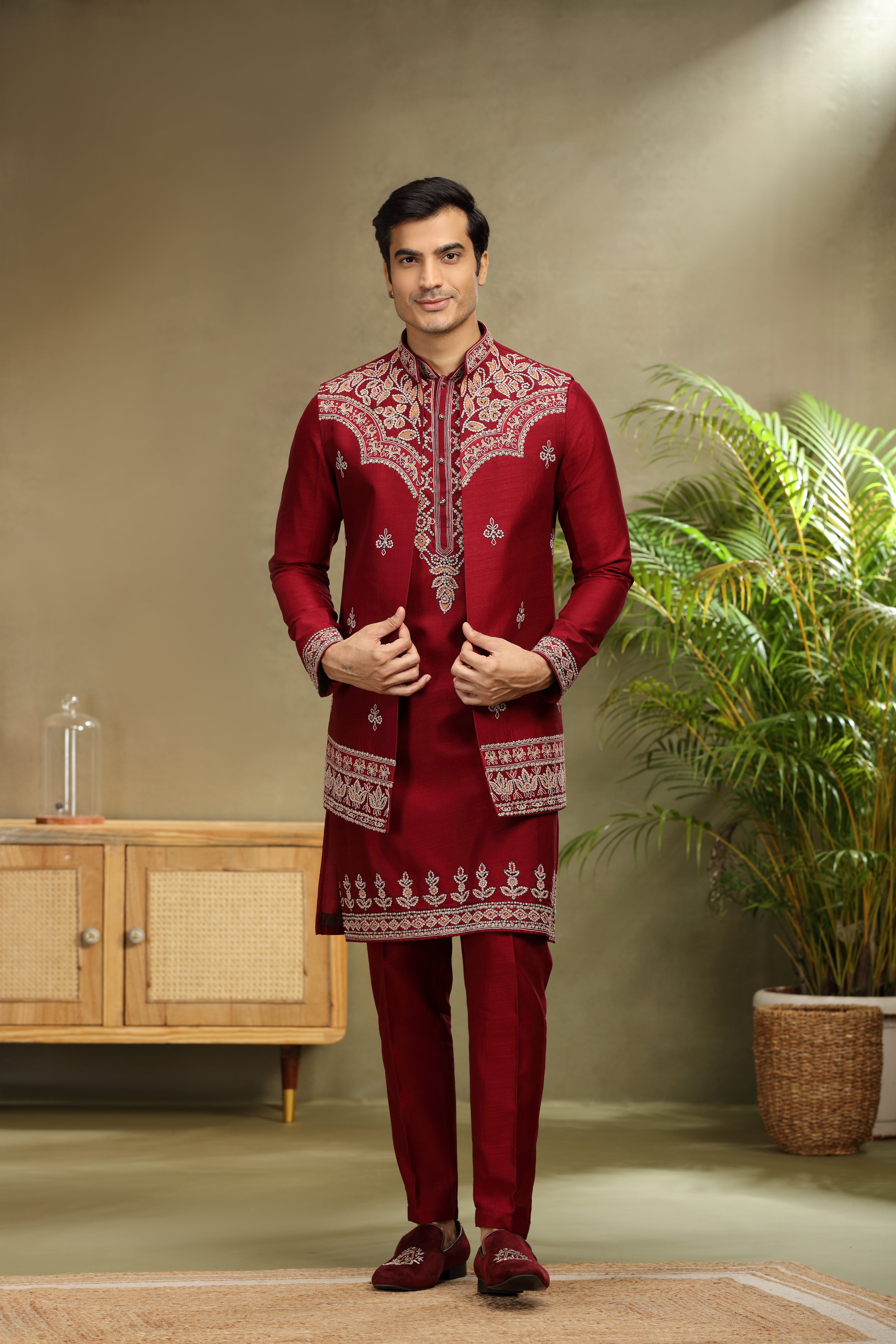 Maroon Silk Koti Kurta Set with Resham Work