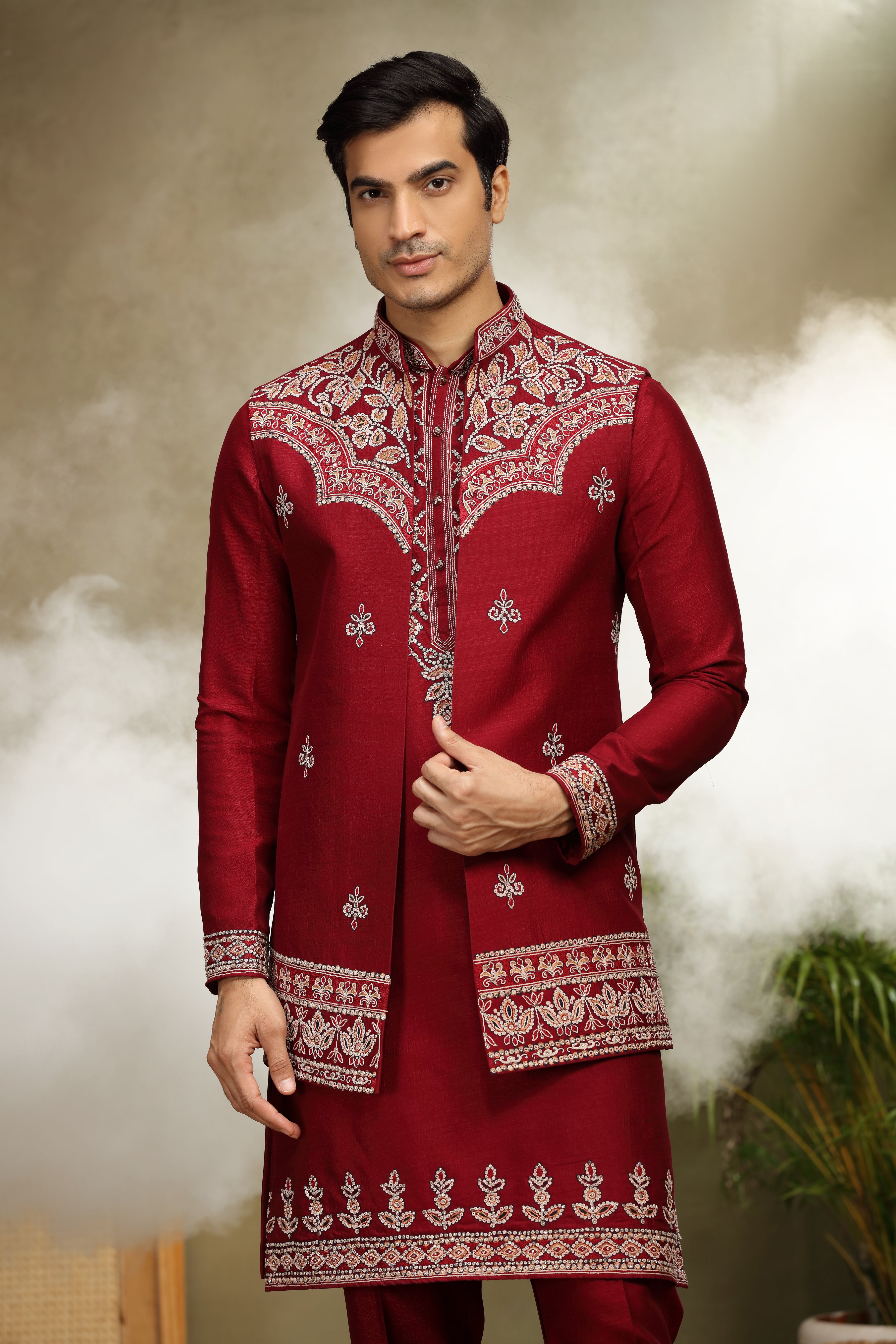 Maroon Silk Koti Kurta Set with Resham Work