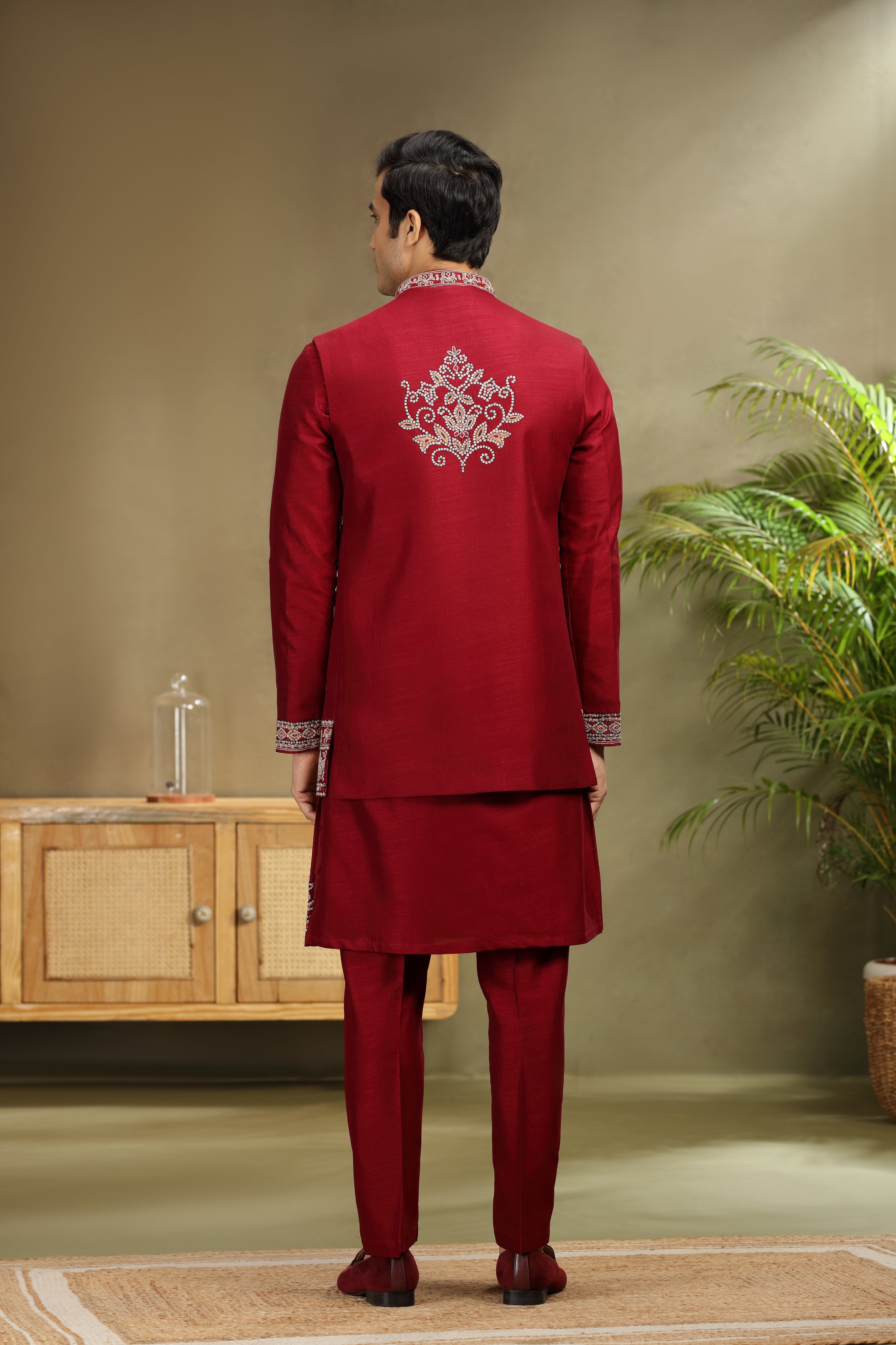 Maroon Silk Koti Kurta Set with Resham Work
