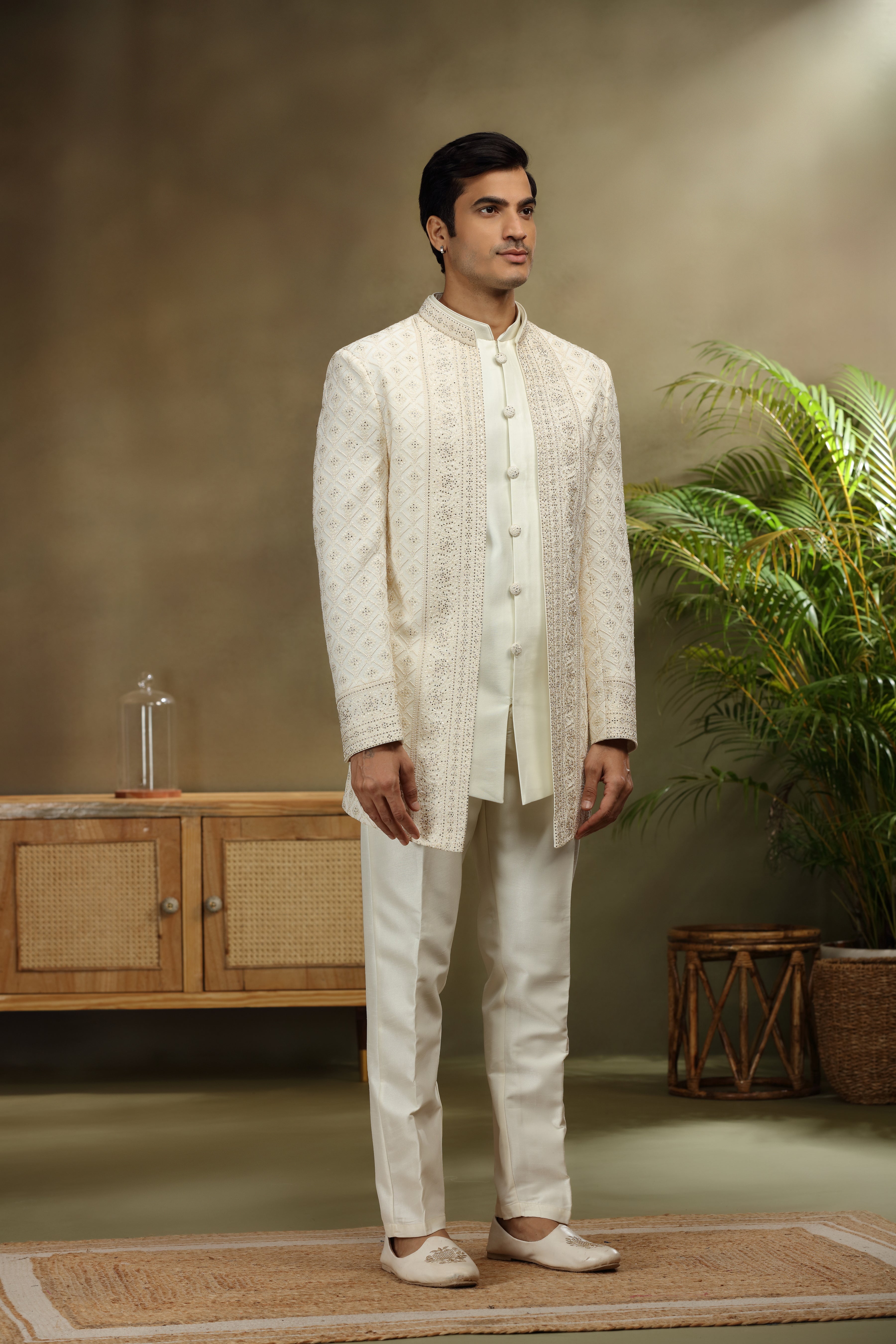 Ivory Georgette Indo Set with Lucknowi Diamond Work