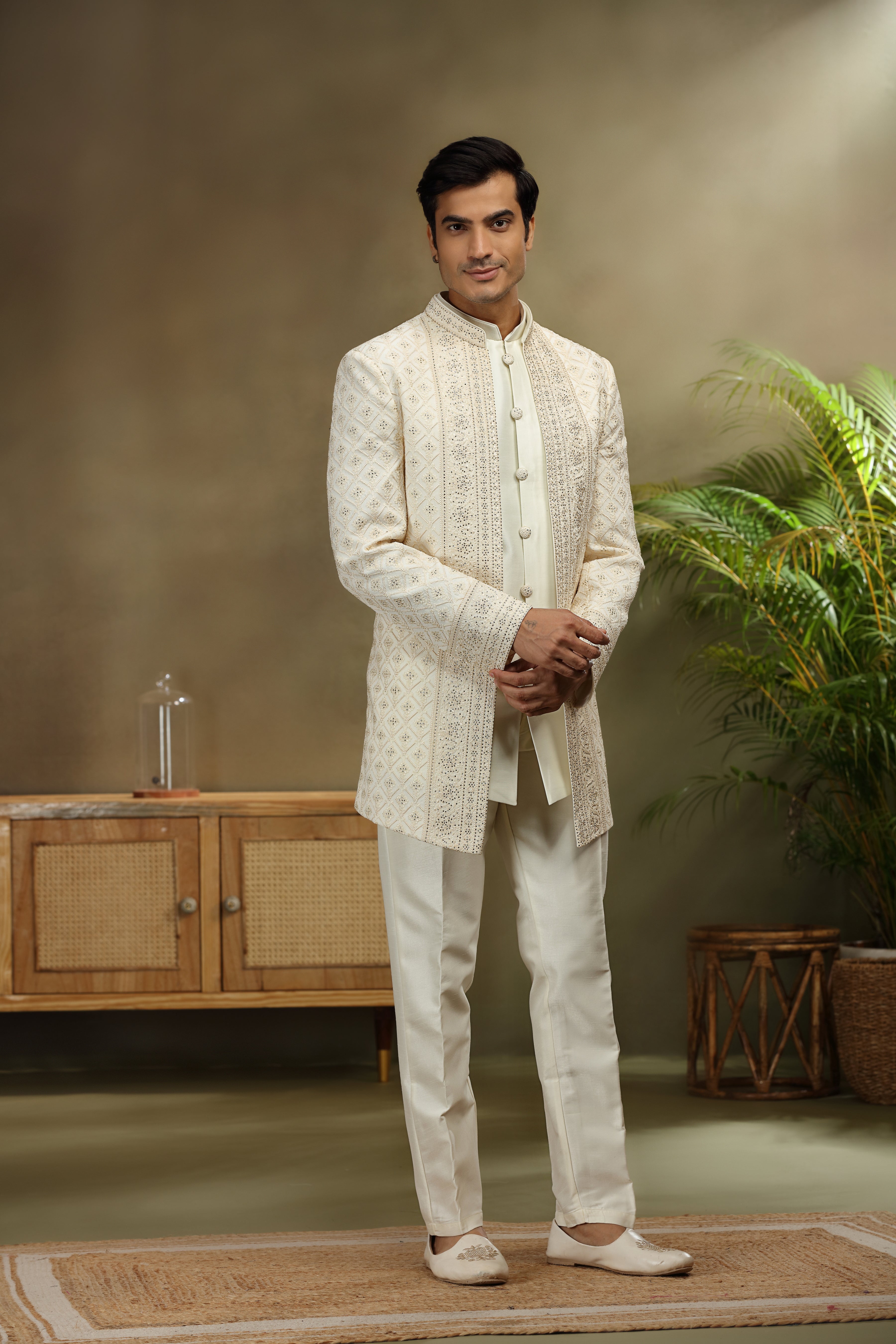 Ivory Georgette Indo Set with Lucknowi Diamond Work