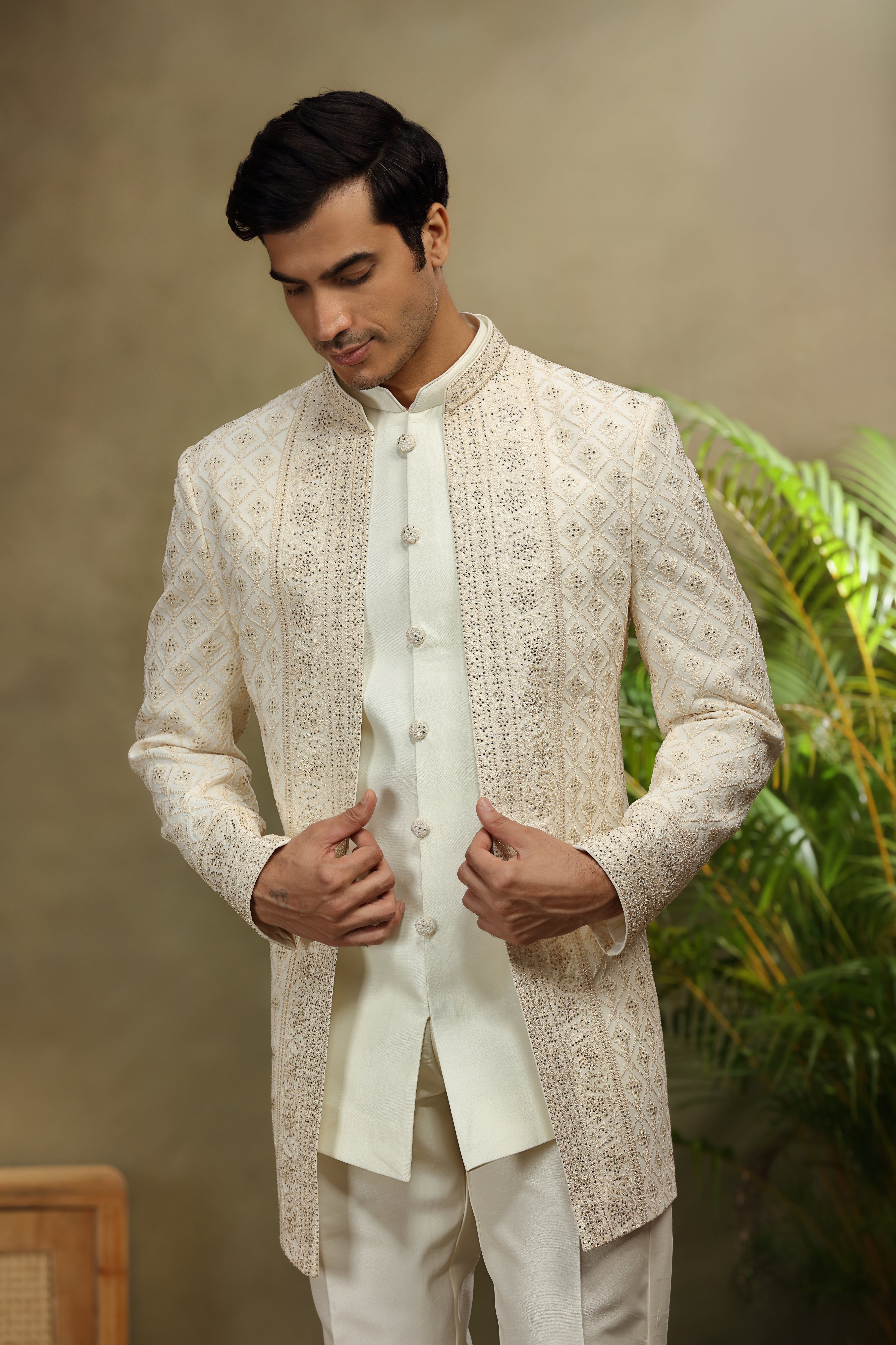 Ivory Georgette Indo Set with Lucknowi Diamond Work