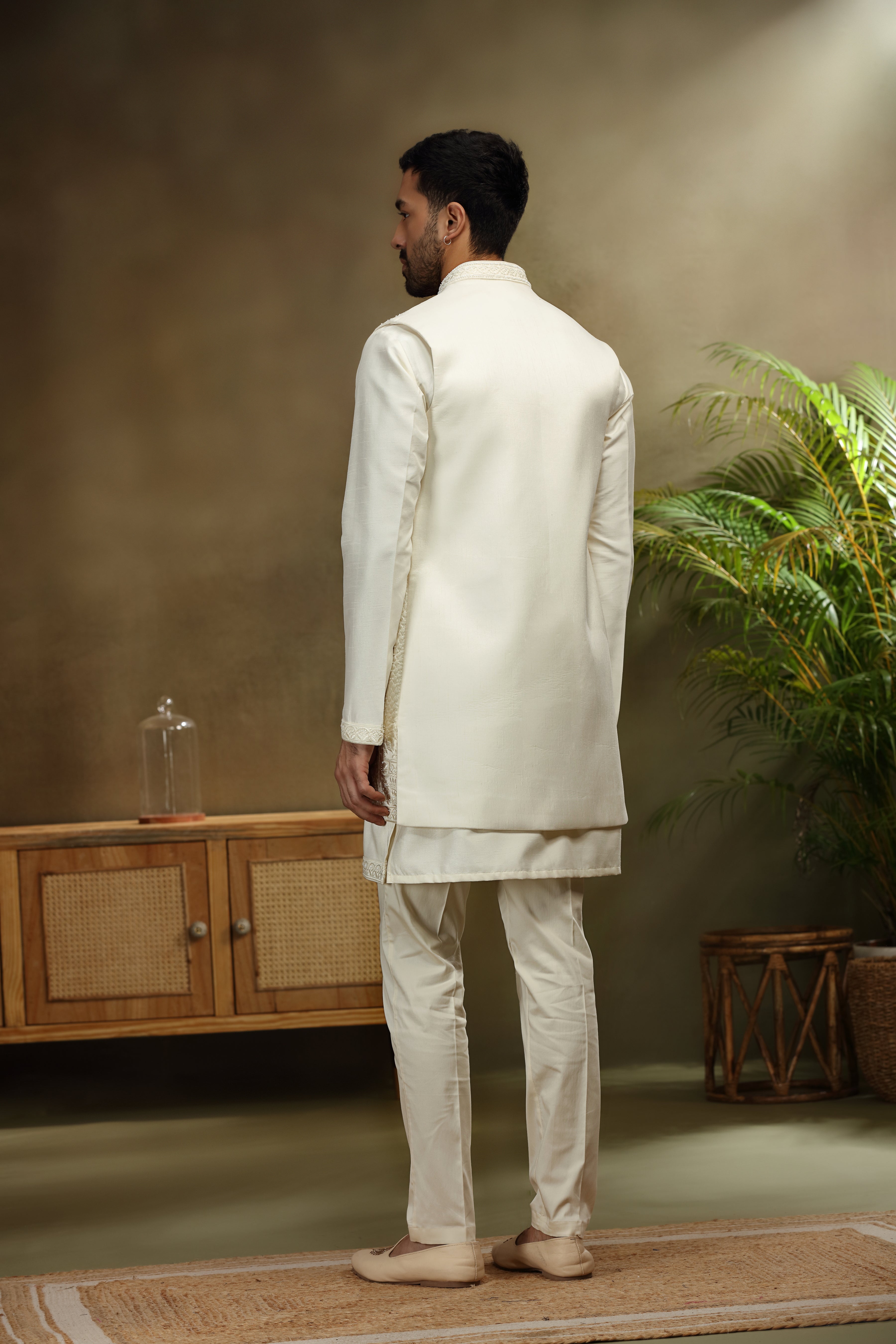 Ivory Silk Koti Kurta Set with Classic Resham Work