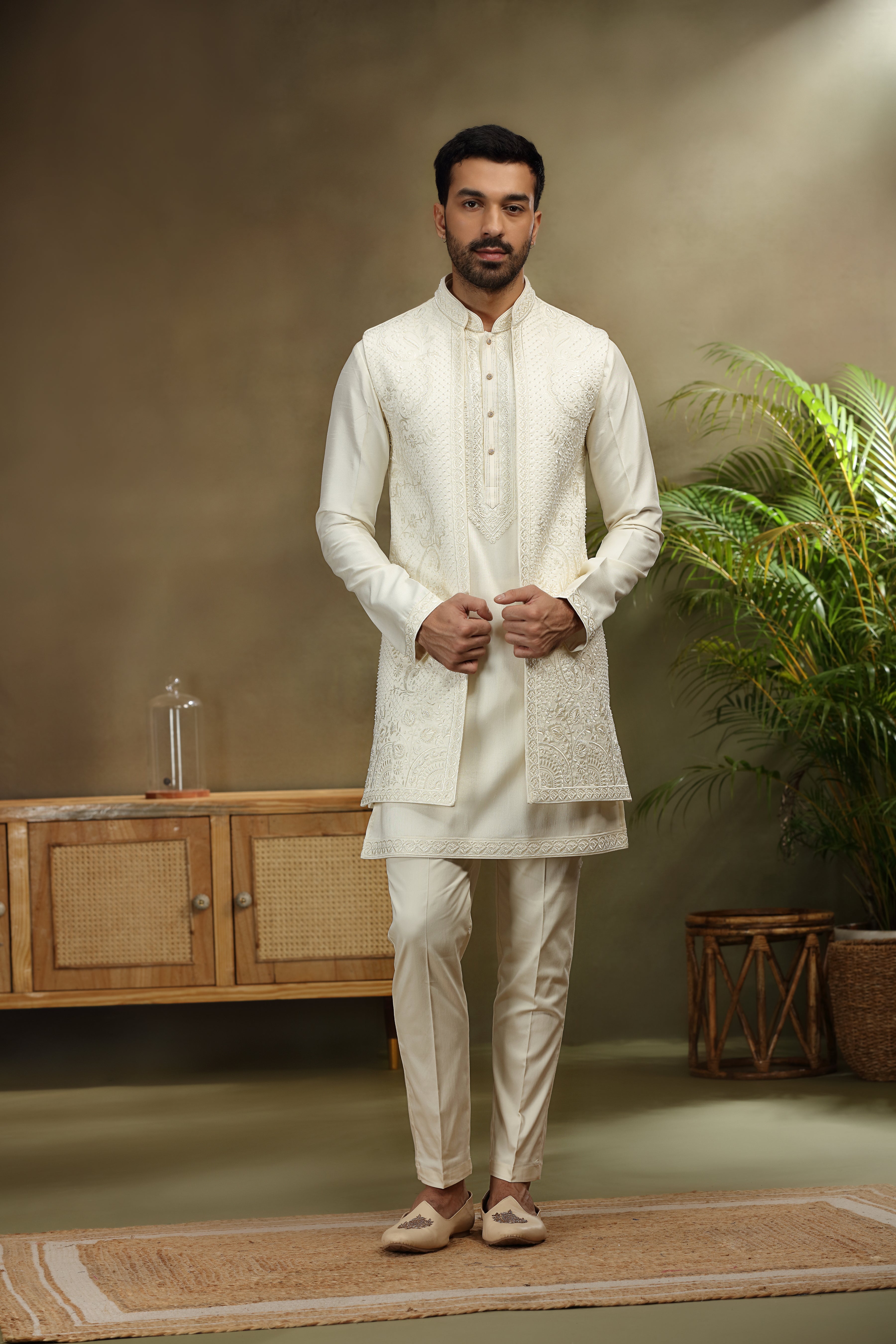 Ivory Silk Koti Kurta Set with Classic Resham Work