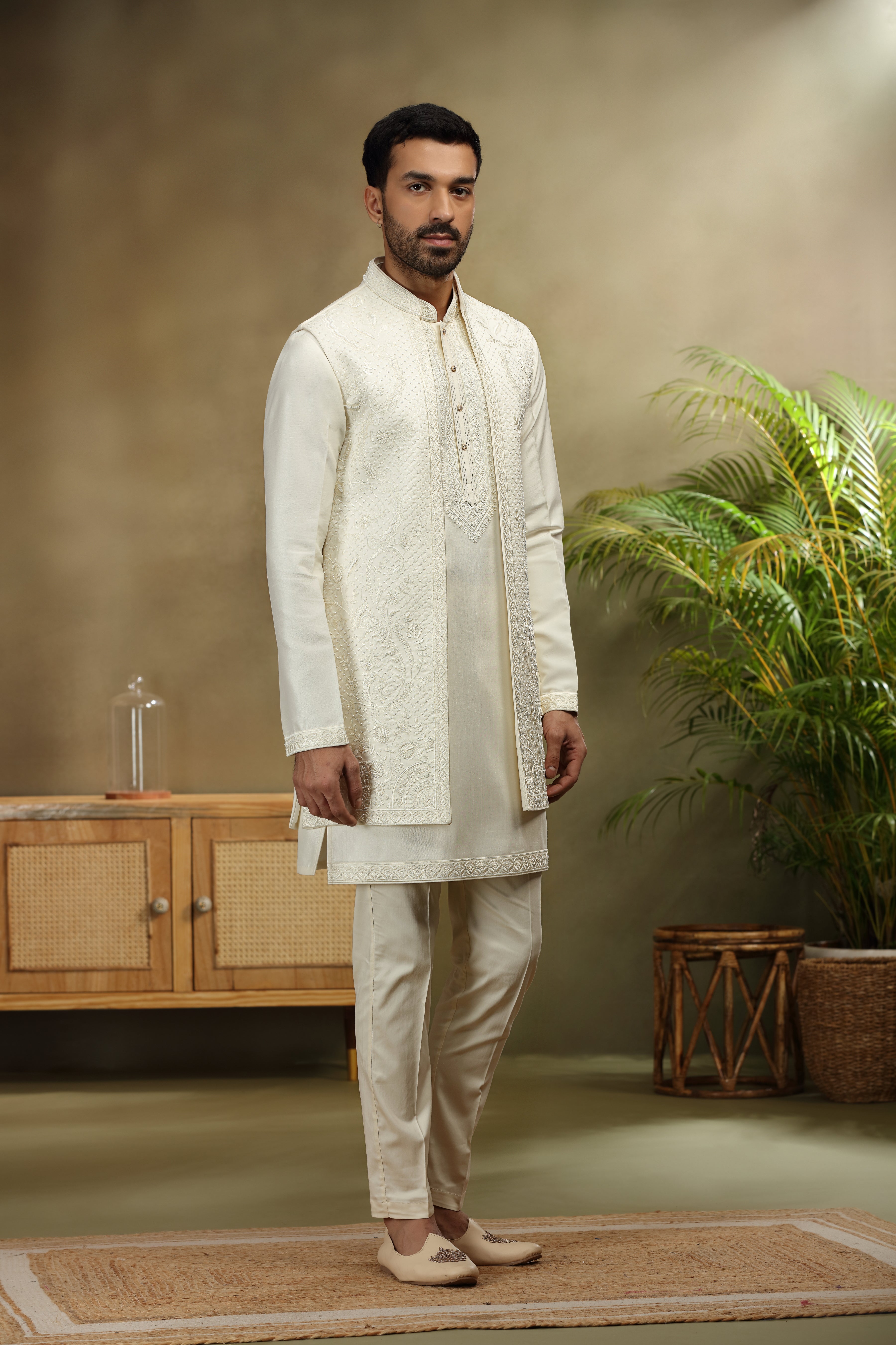 Ivory Silk Koti Kurta Set with Classic Resham Work