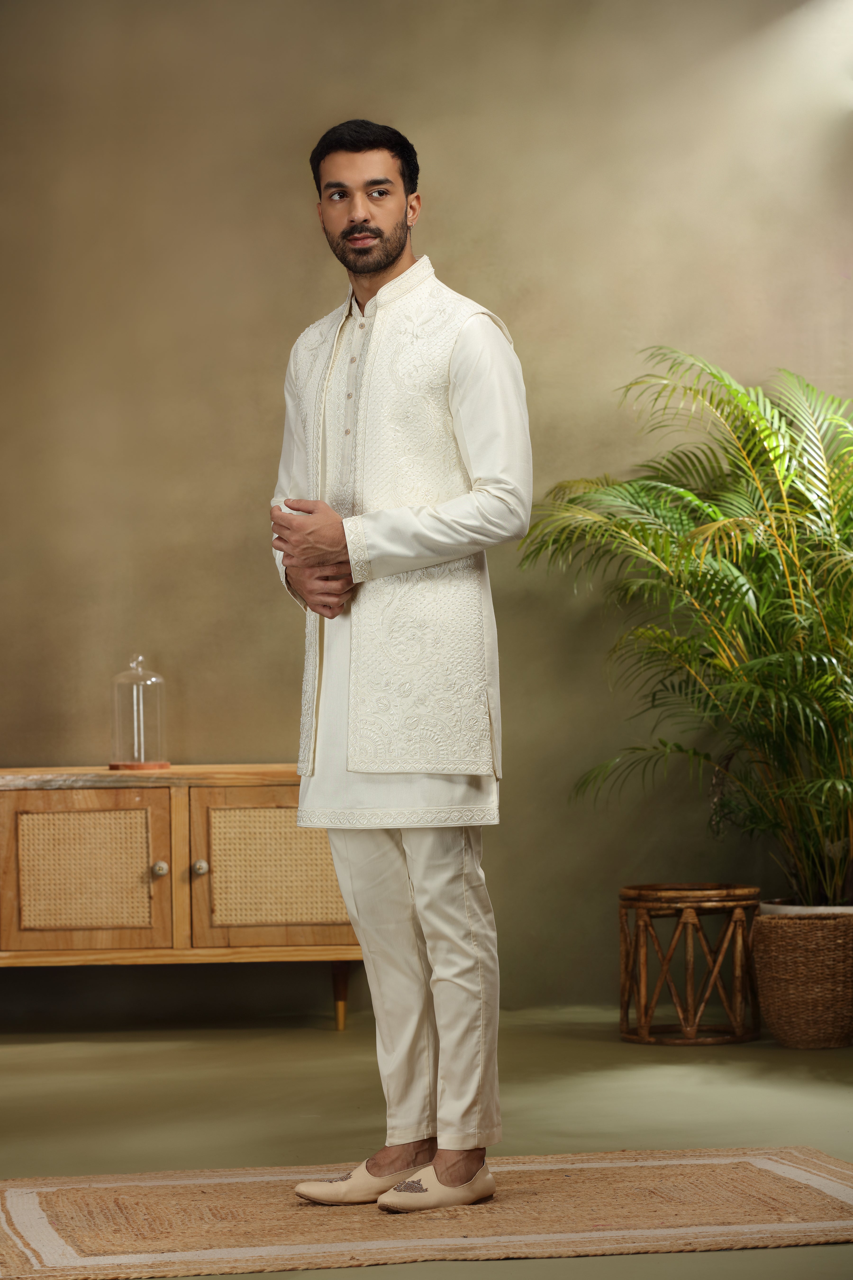 Ivory Silk Koti Kurta Set with Classic Resham Work