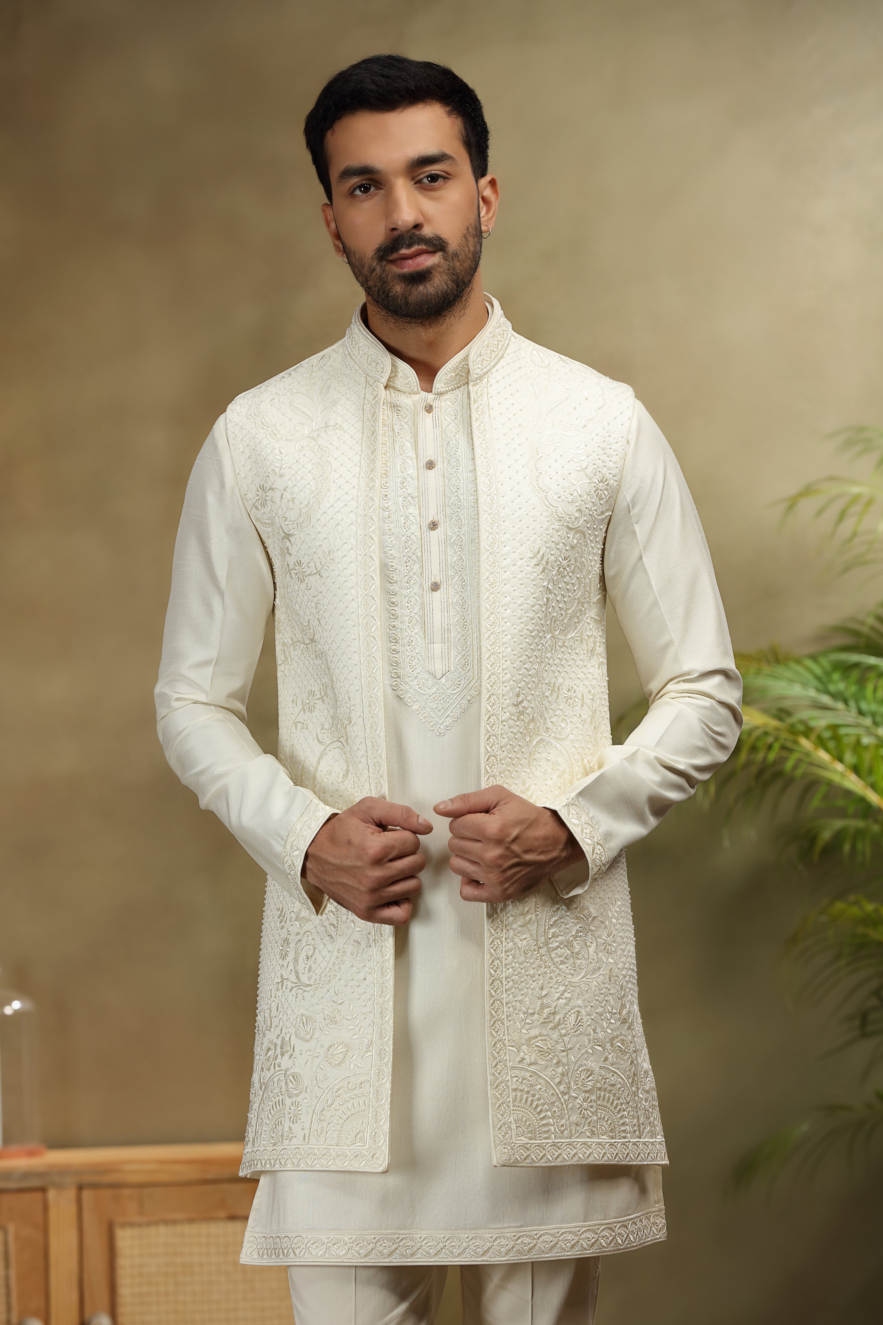 Ivory Silk Koti Kurta Set with Classic Resham Work