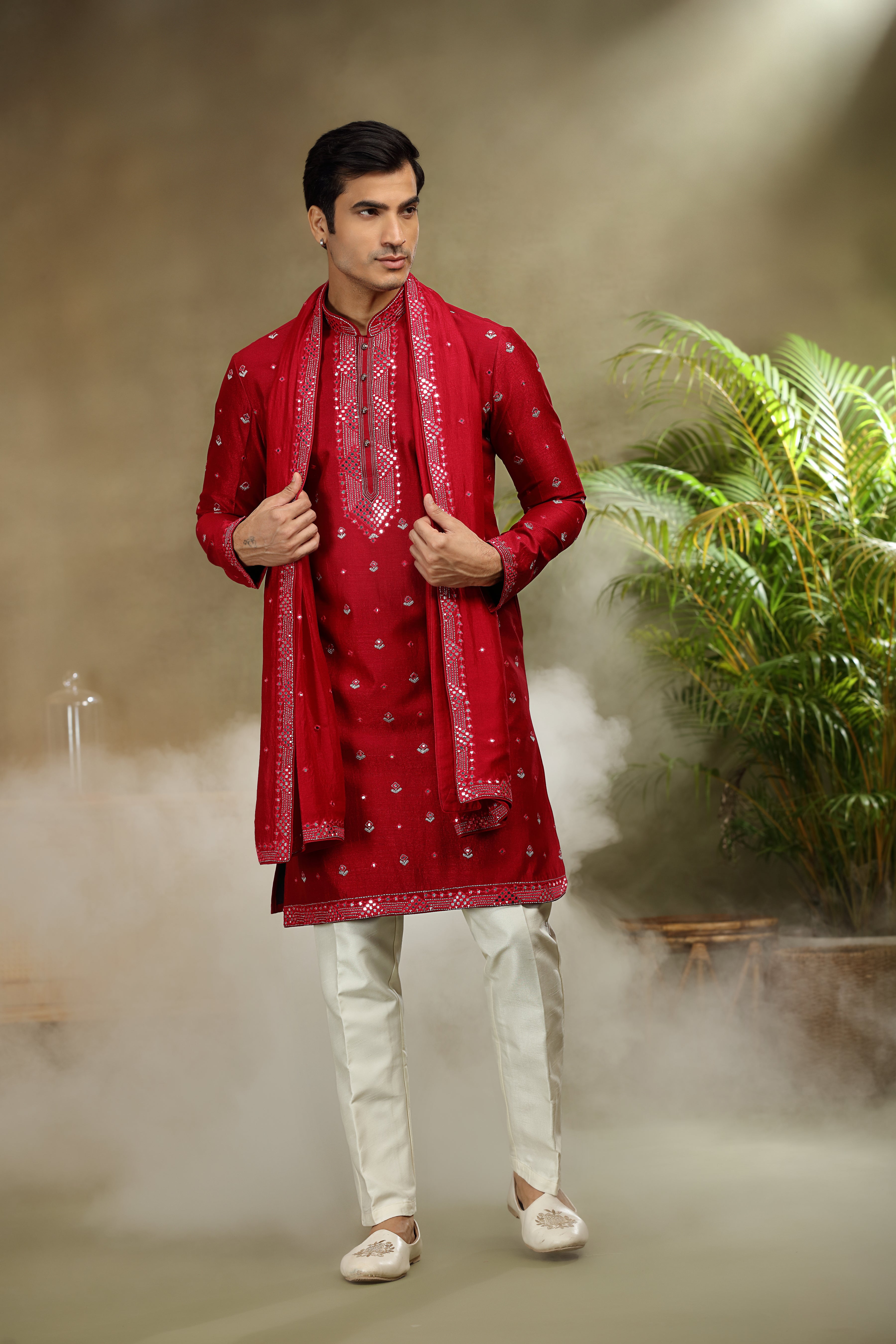 Red Silk Kurta Set with Mirror and Kasab Work