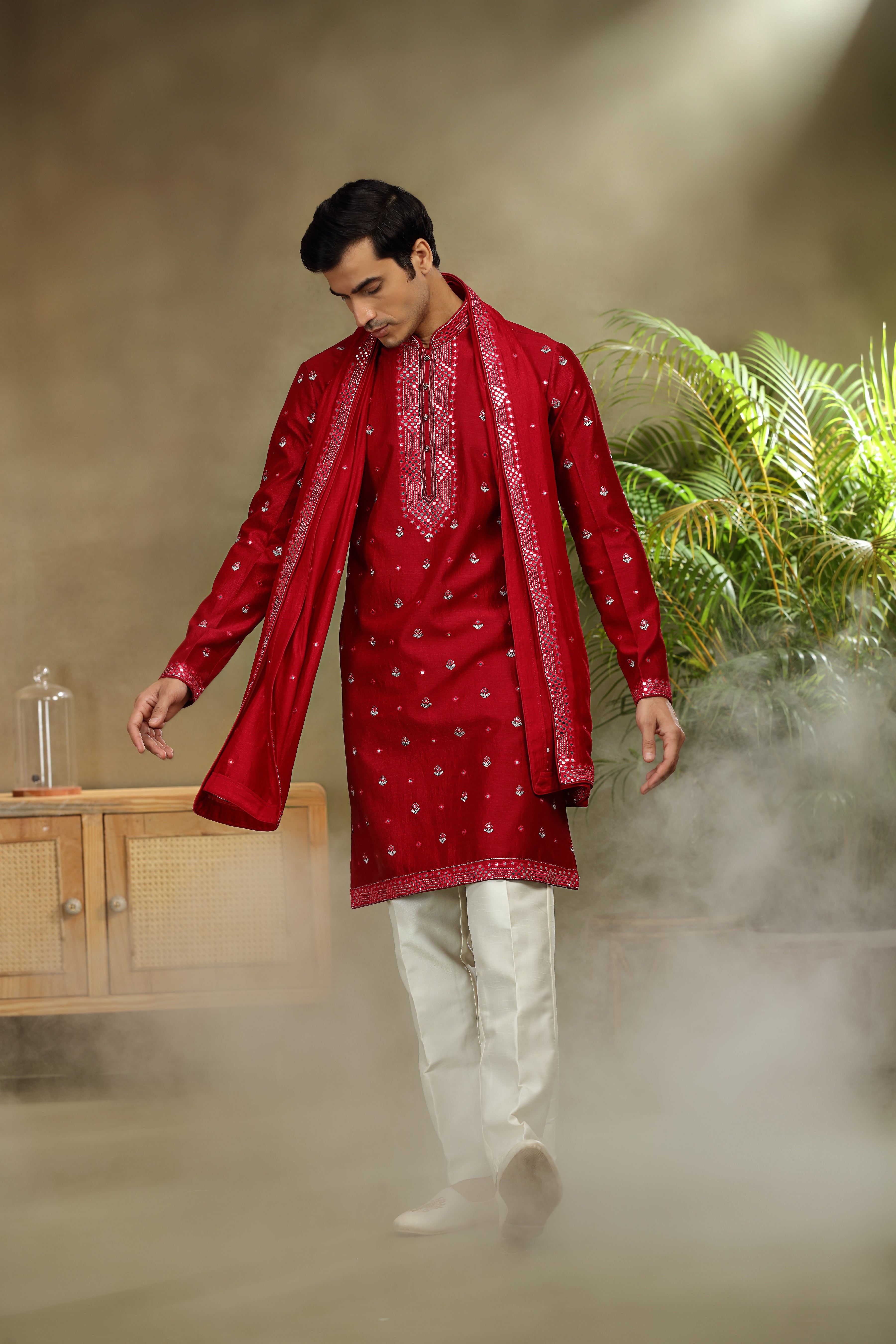 Red Silk Kurta Set with Mirror and Kasab Work