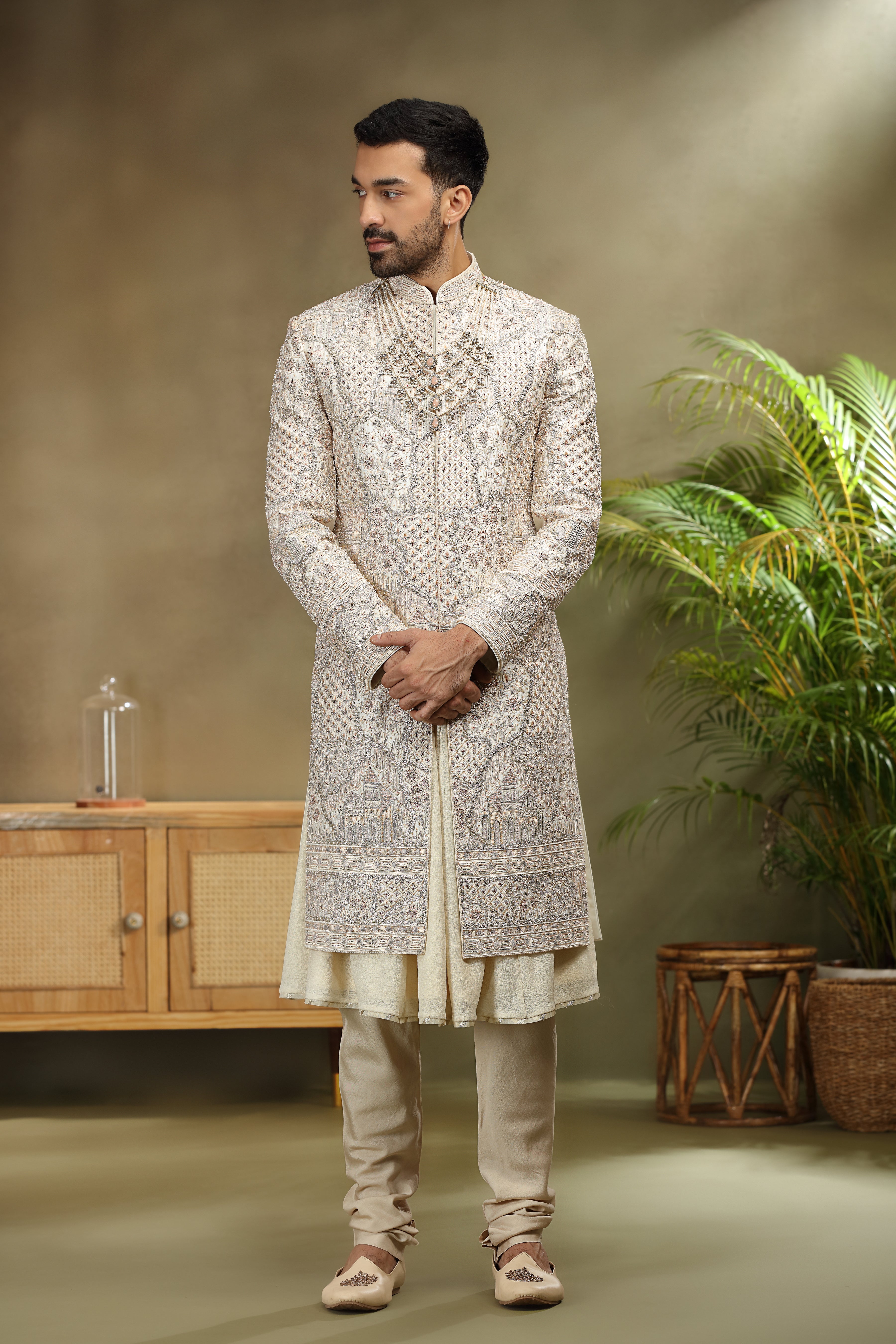 Cream Silk Sherwani with Zardoshi, Resham and Kasab Work