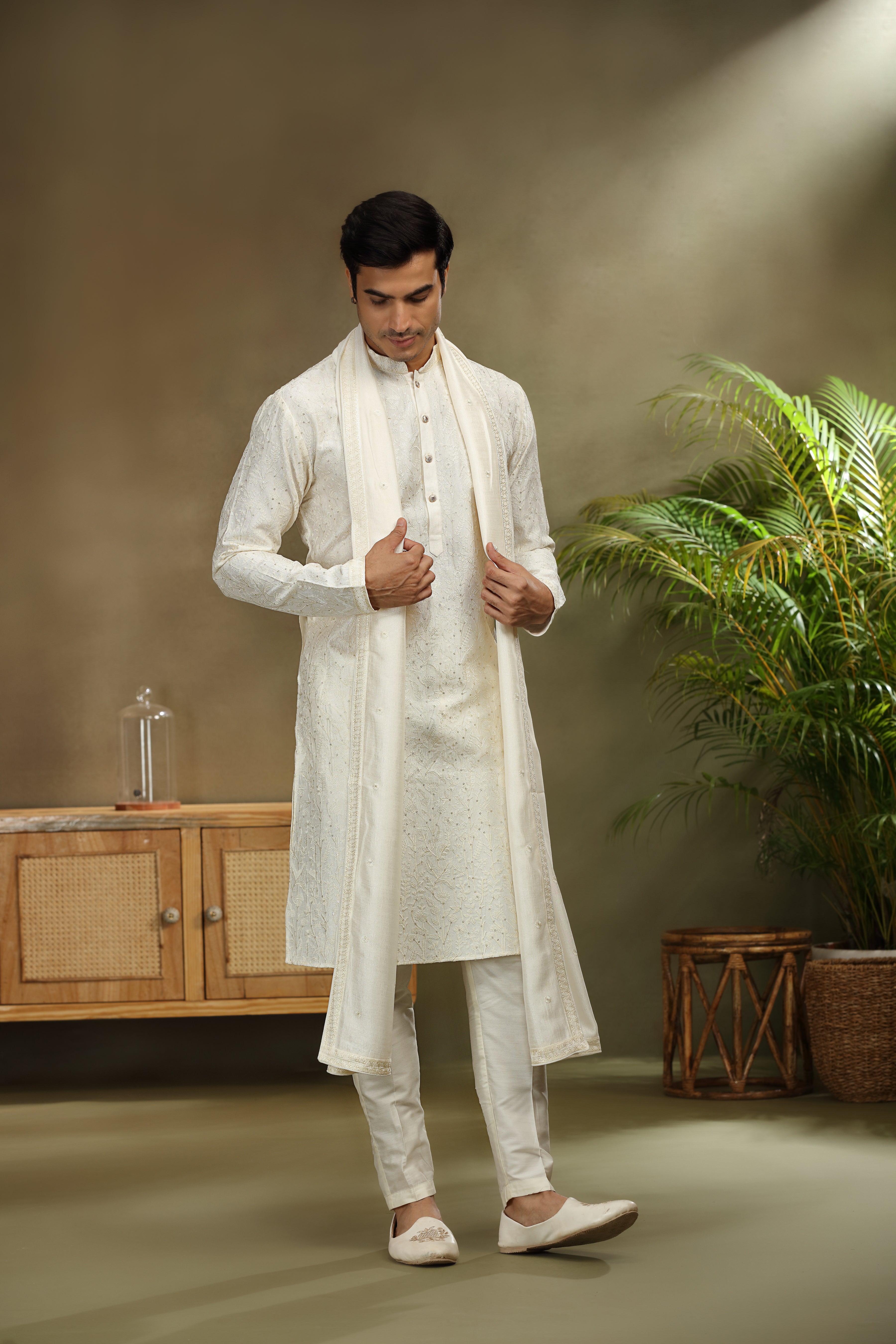 Ivory Silk Kurta Set with Resham and Sequins Work
