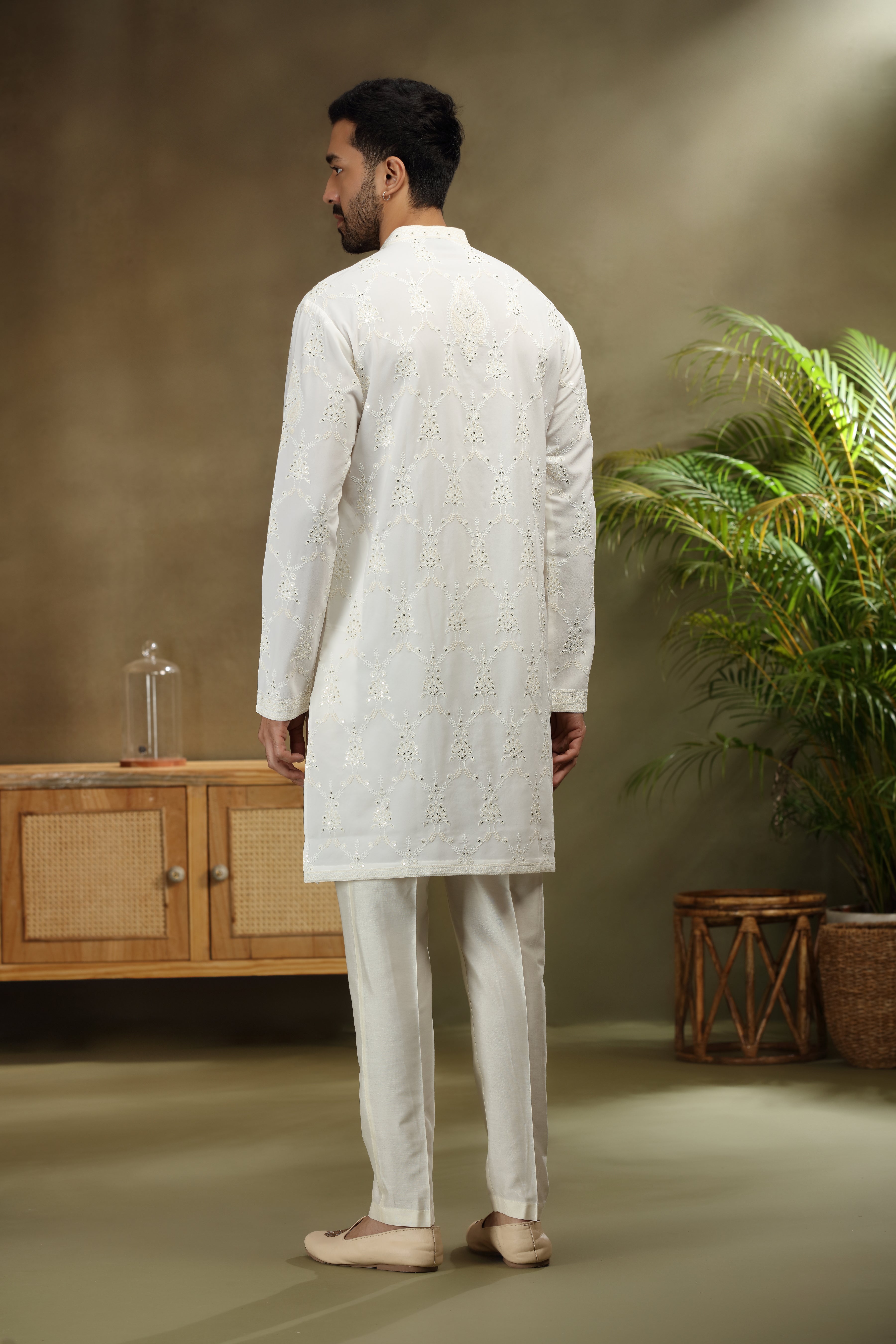 Off White Georgette Kurta with Lucknowi Sequins Work