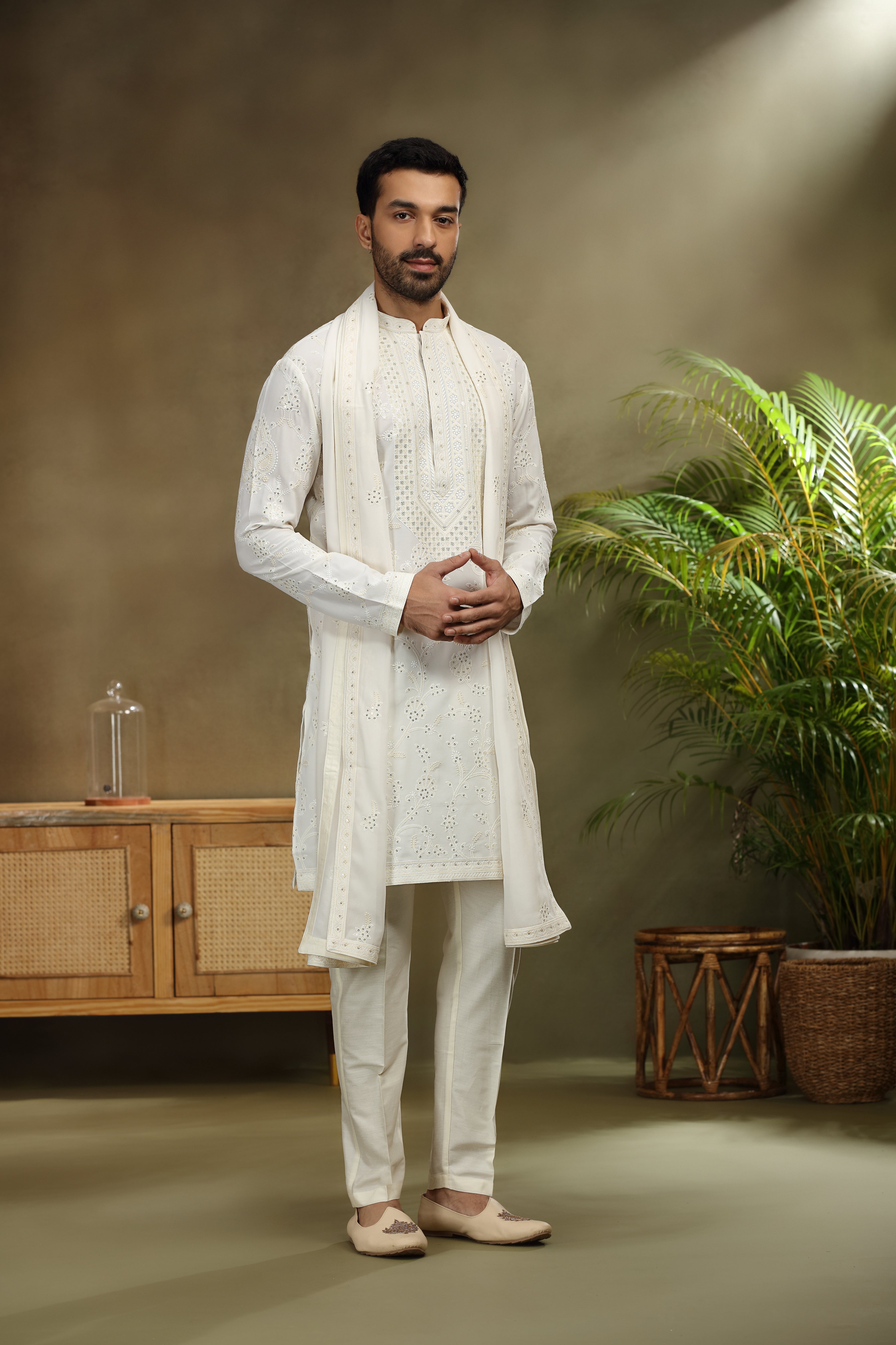 Off White Georgette Kurta with Lucknowi Sequins Work