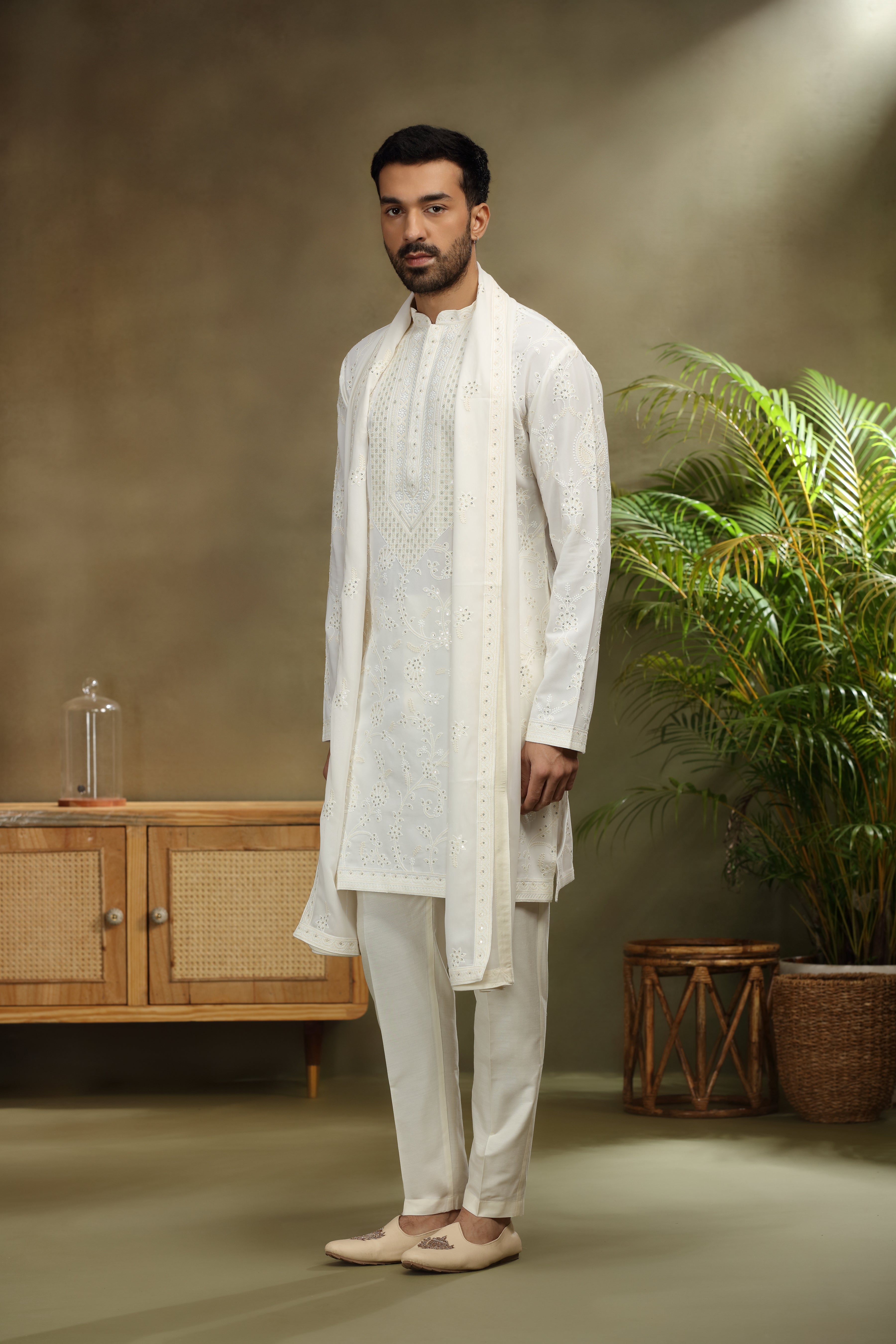 Off White Georgette Kurta with Lucknowi Sequins Work