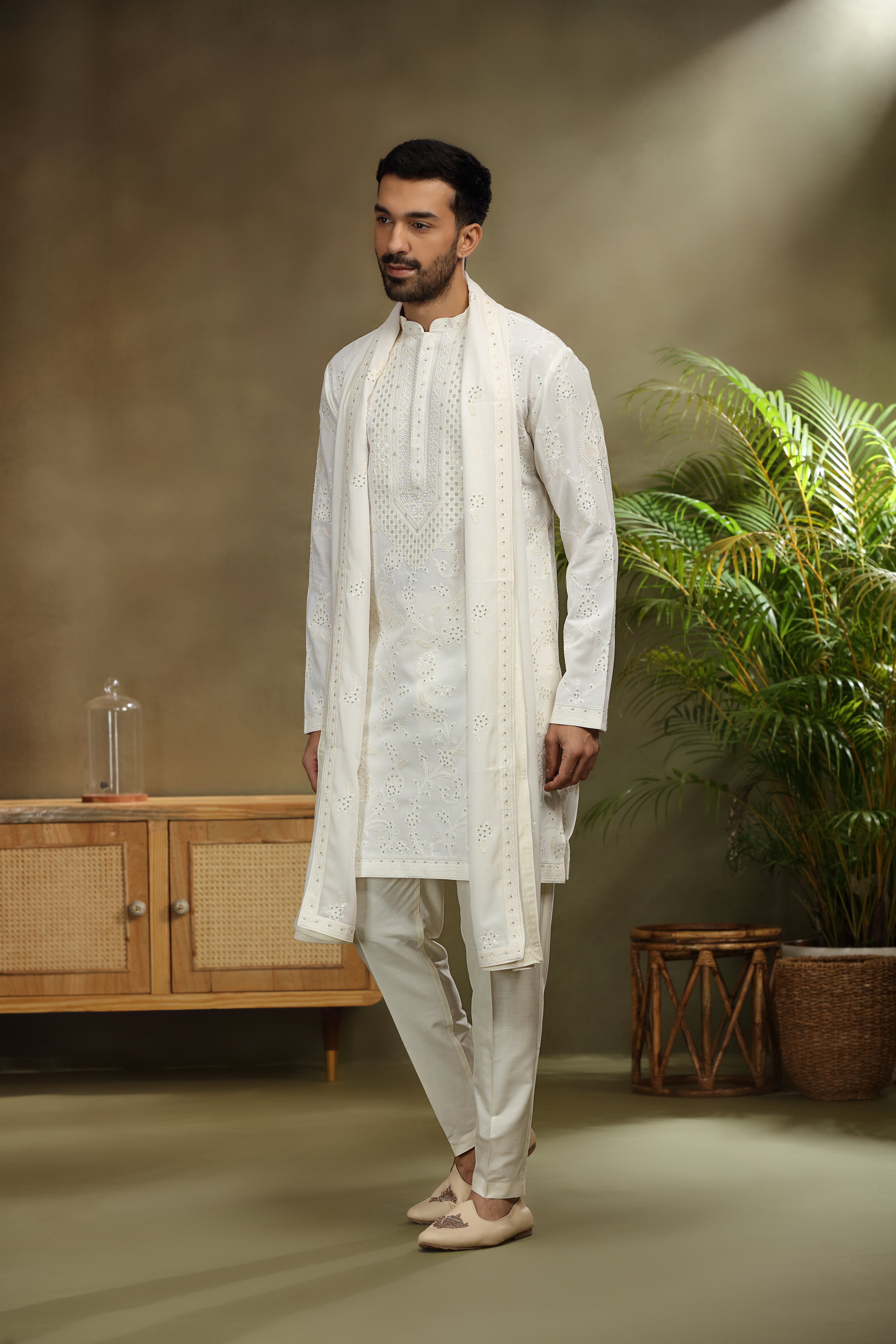 Off White Georgette Kurta with Lucknowi Sequins Work