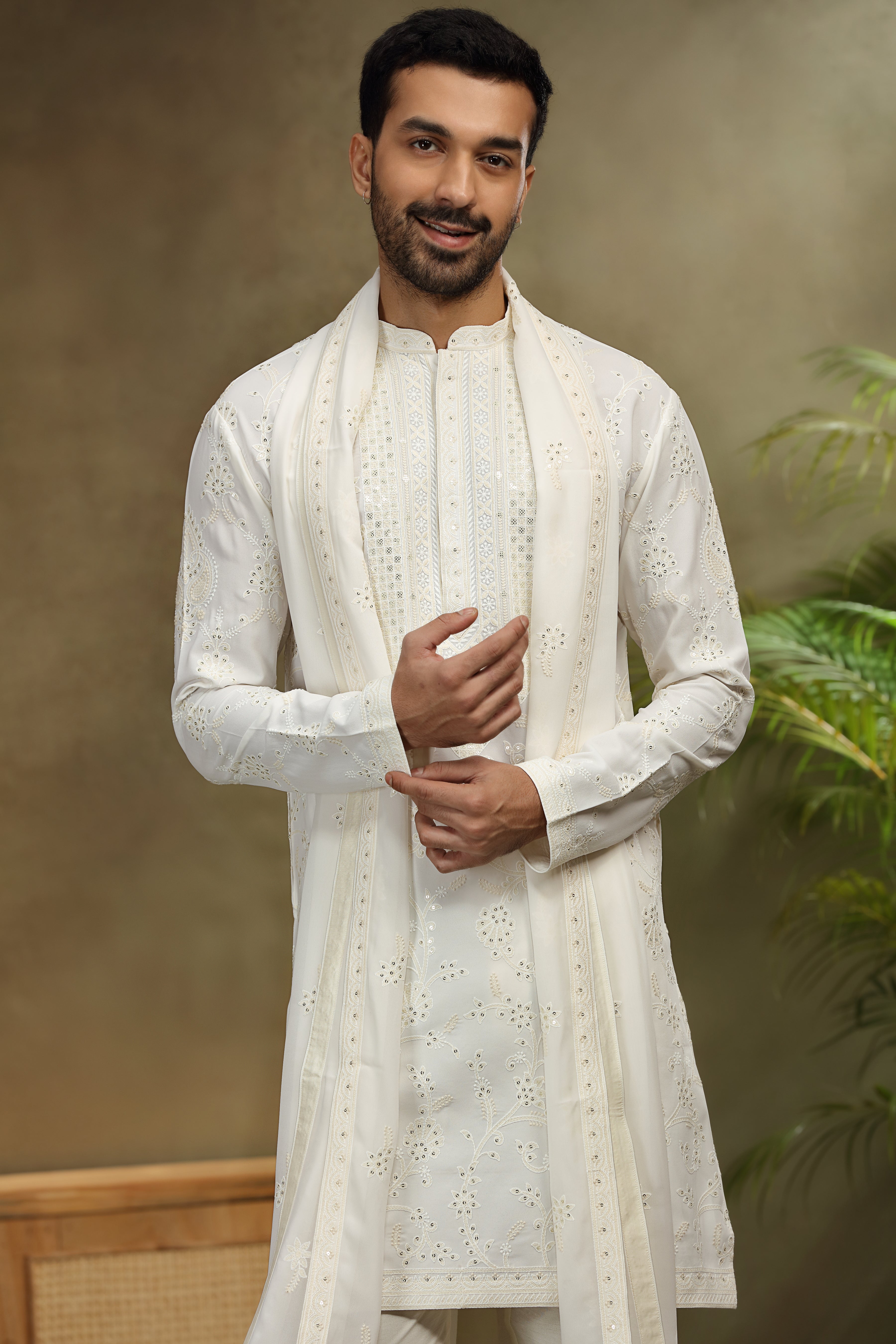 Off White Georgette Kurta with Lucknowi Sequins Work