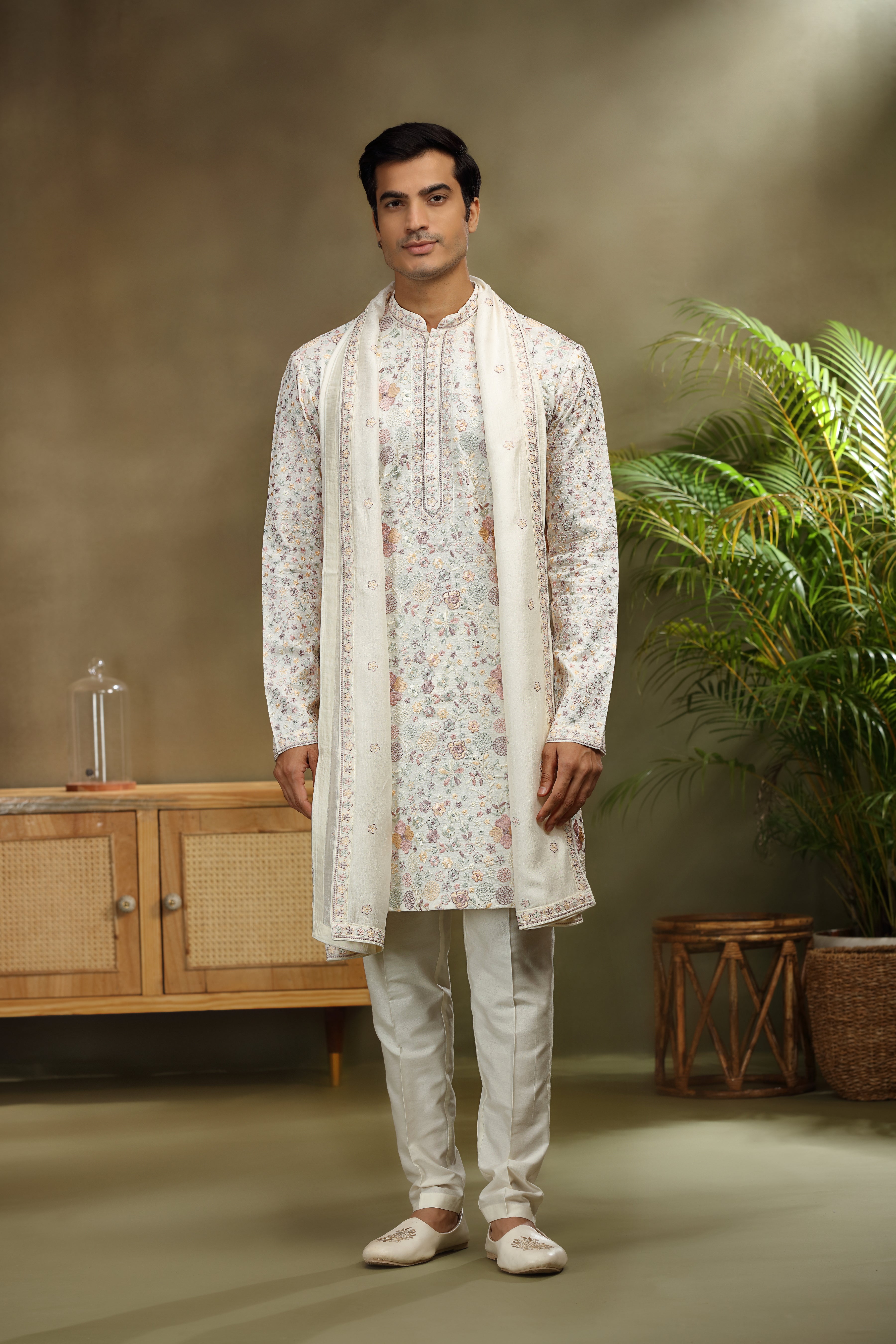 Ivory Silk Kurta Set with Classic Resham Work