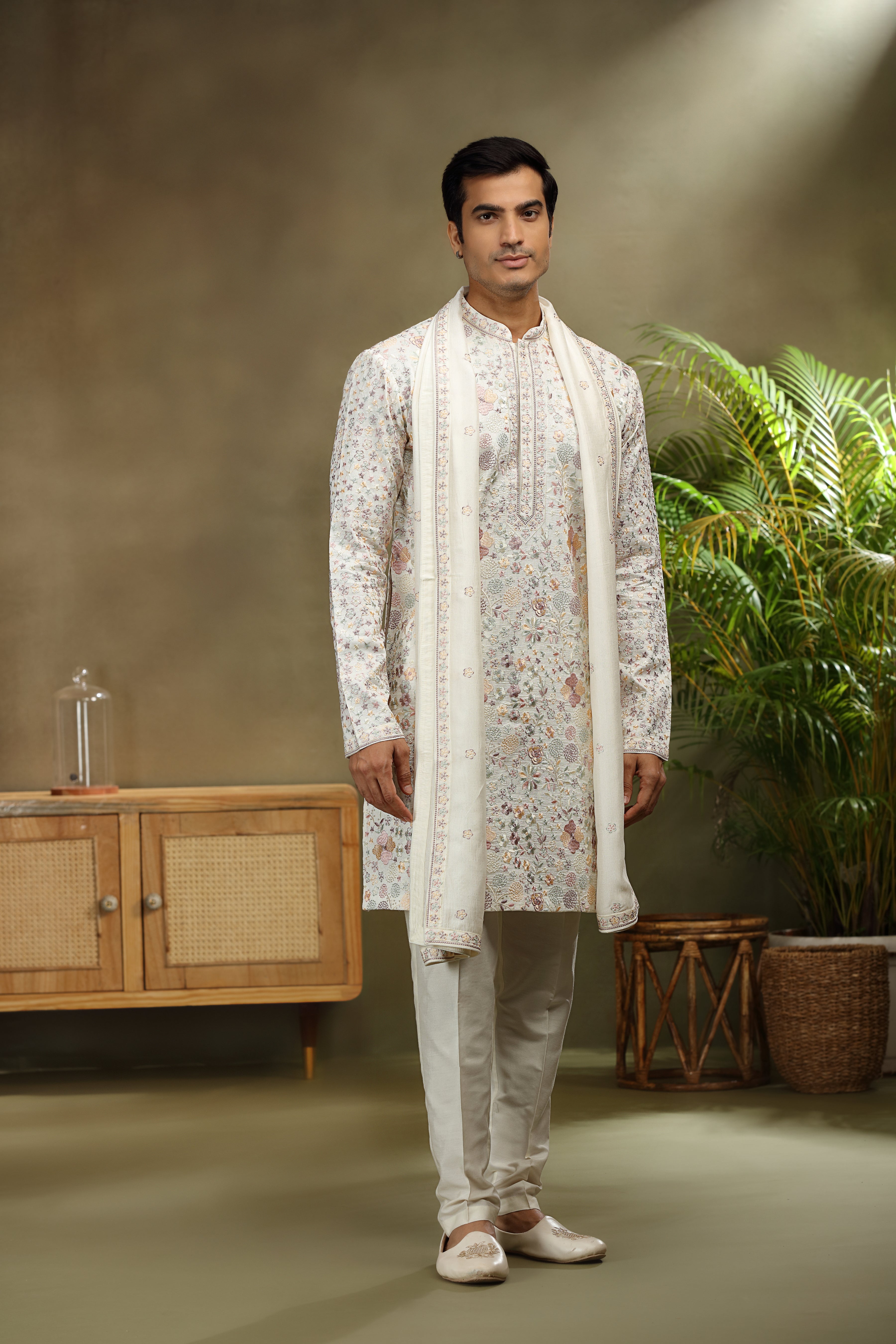 Ivory Silk Kurta Set with Classic Resham Work
