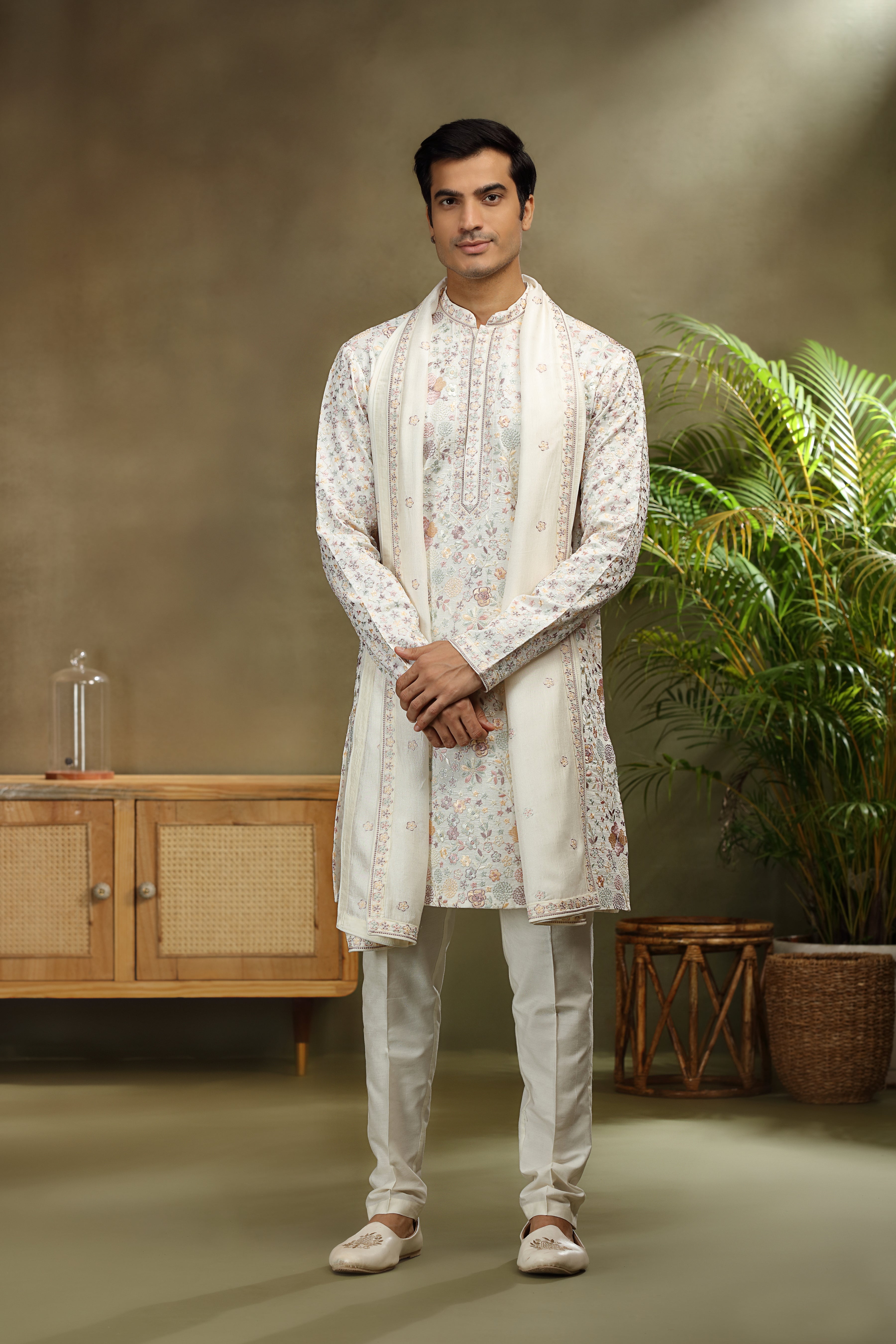 Ivory Silk Kurta Set with Classic Resham Work