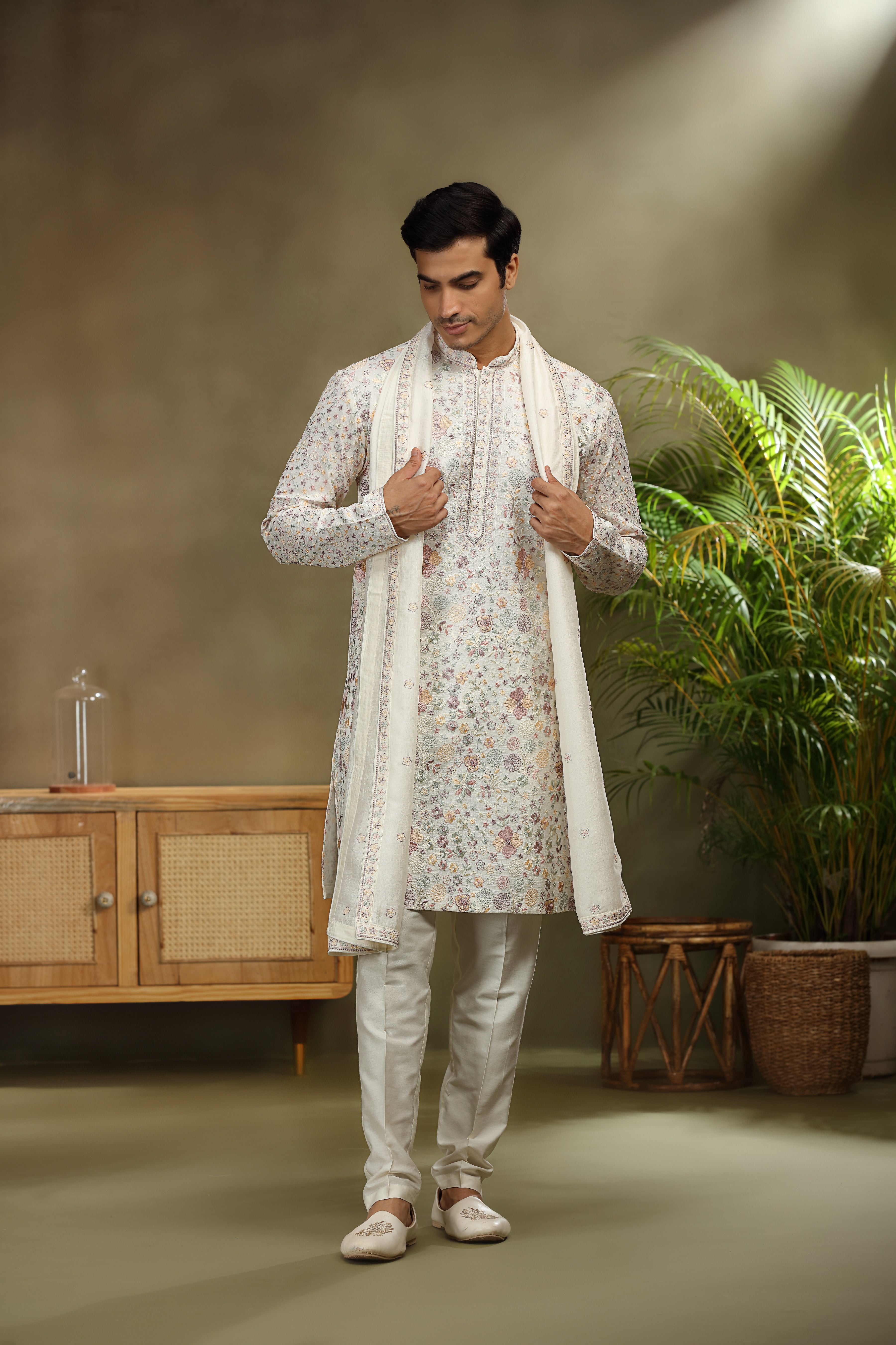 Ivory Silk Kurta Set with Classic Resham Work