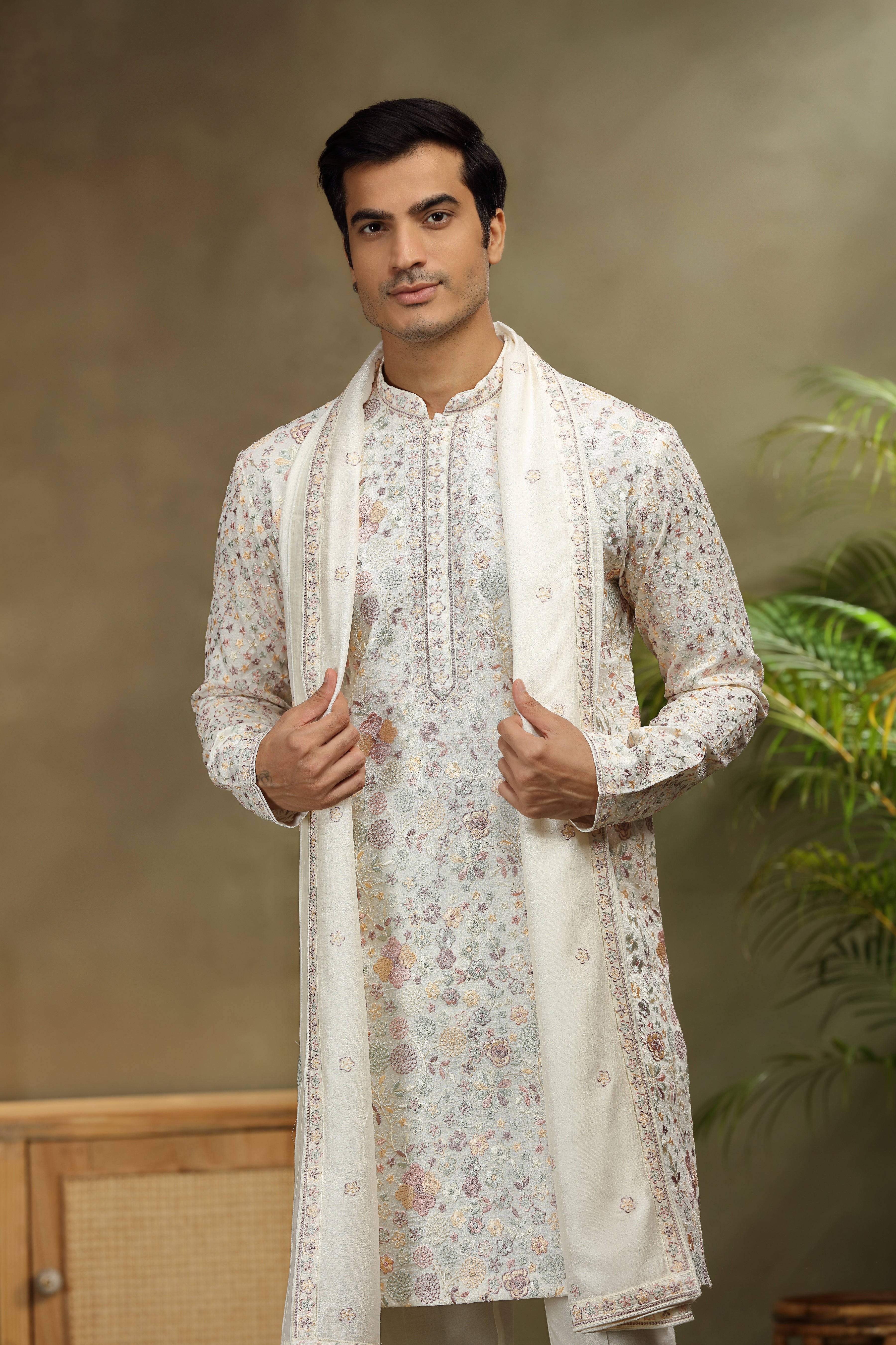 Ivory Silk Kurta Set with Classic Resham Work