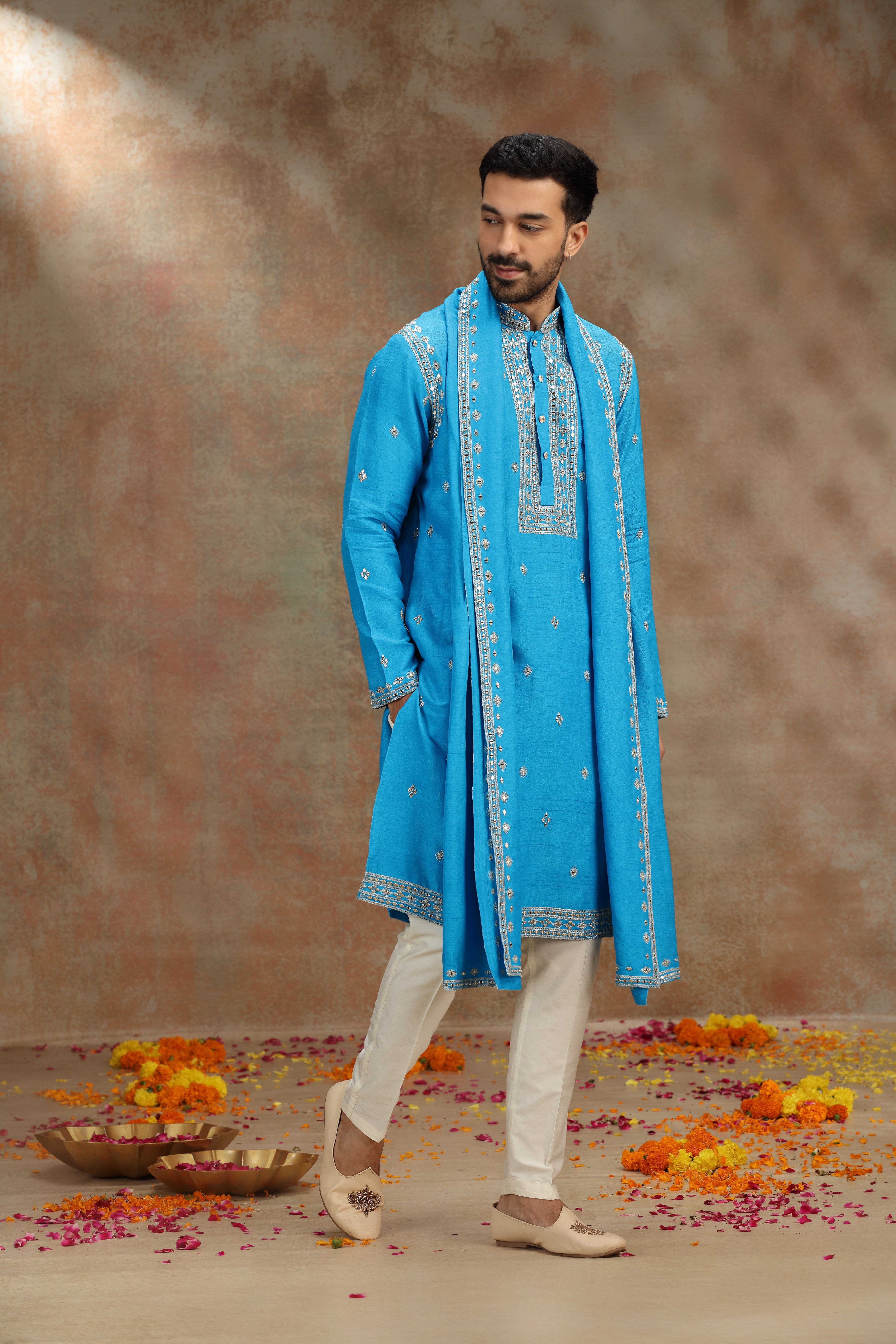 Cobalt Blue Silk Kurta Set with Mirror and Dori Work